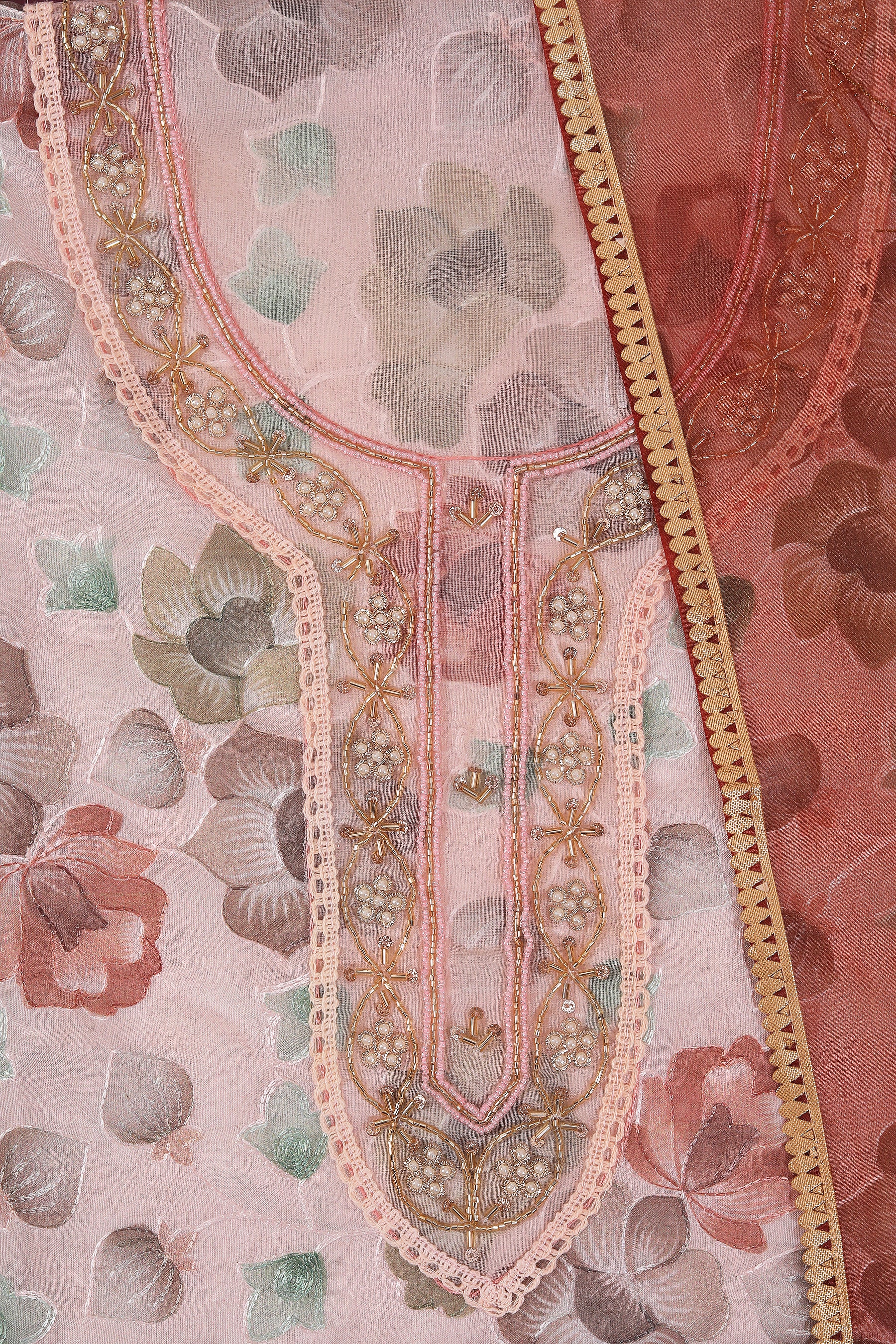 Brown Embellished Woven Design Organza Dress Material With Dupatta