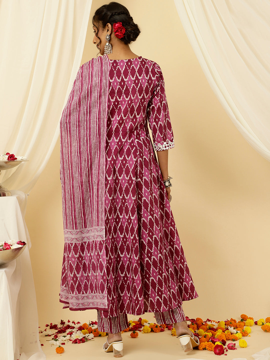 Purple Mirror Embellished Ikat Printed Anarkali Kurta With Pants And Dupatta