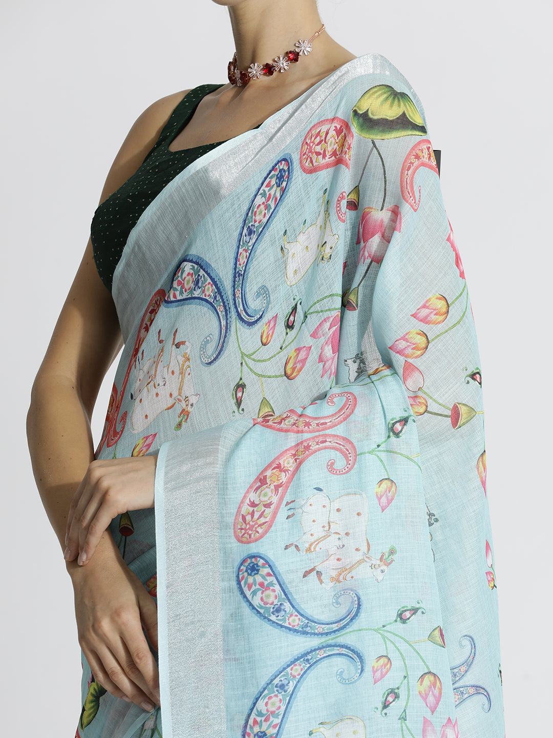Sky Blue Pichwai Printed Daily Wear Pure Linen Saree