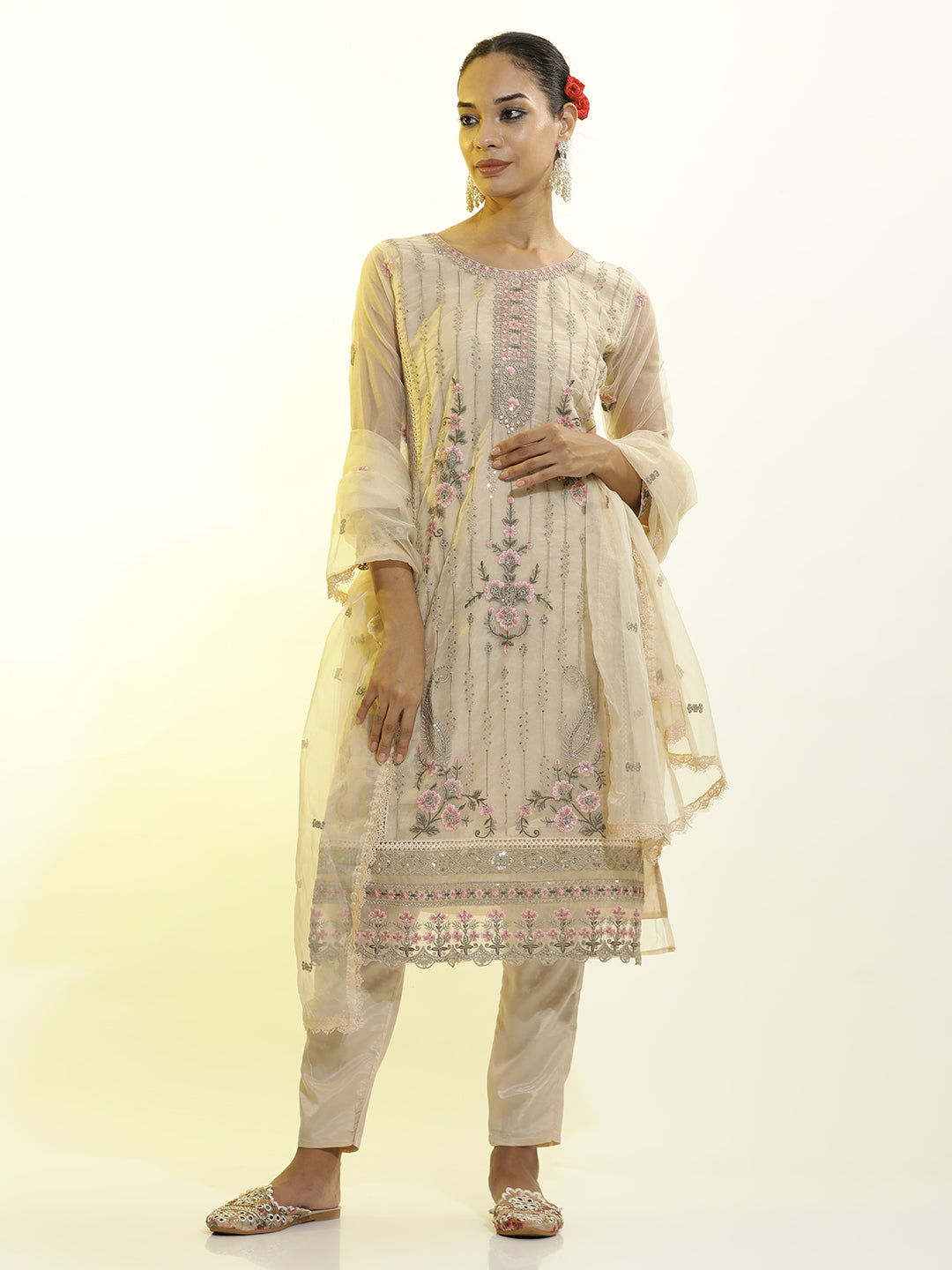 Heavy Embroidered Organza Festive Kurta Set With Dupatta