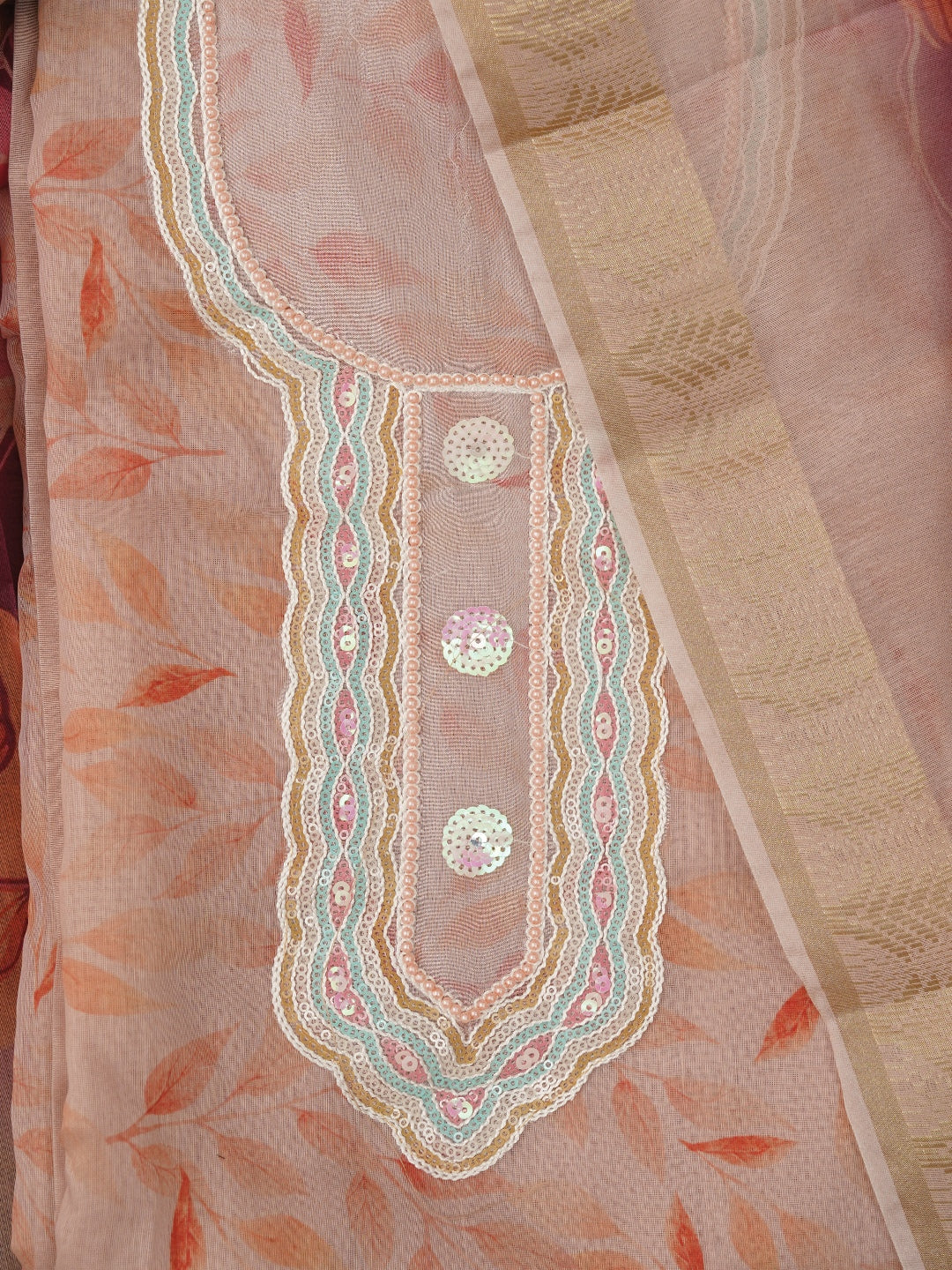 Peach Sequin Work Floral Printed Cotton Blend Dress Material with Dupatta