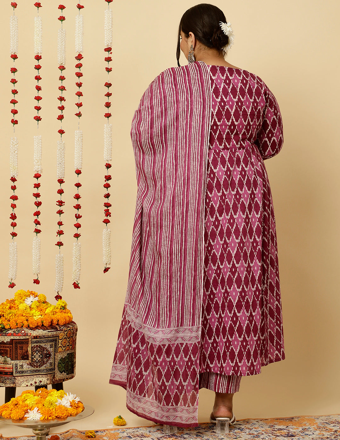 Plus Size Purple Mirror Embellished Ikat Printed Anarkali Kurta With Pants And Dupatta
