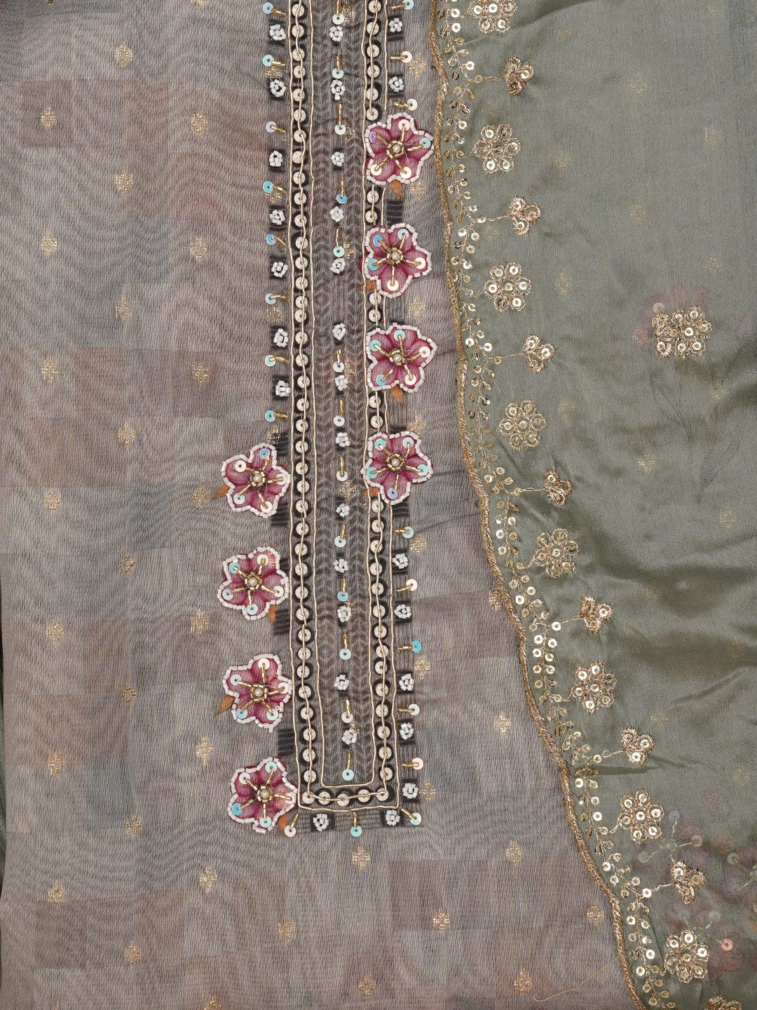 Sea Green Floral Printed Embellished Cotton Dress Material with Dupatta