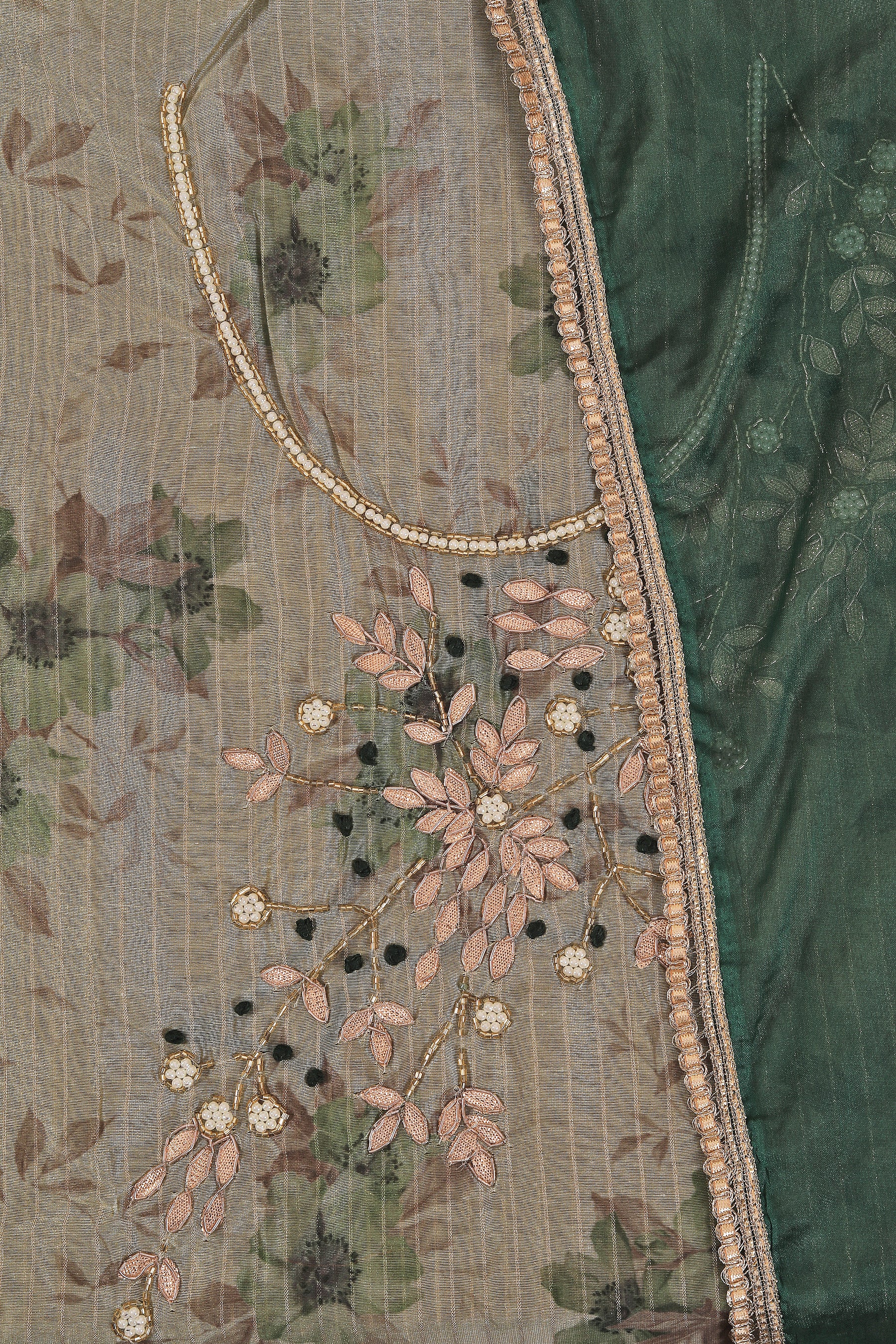 Dark Green Gota Patti Silk Blend Dress Material With Embellished Dupatta