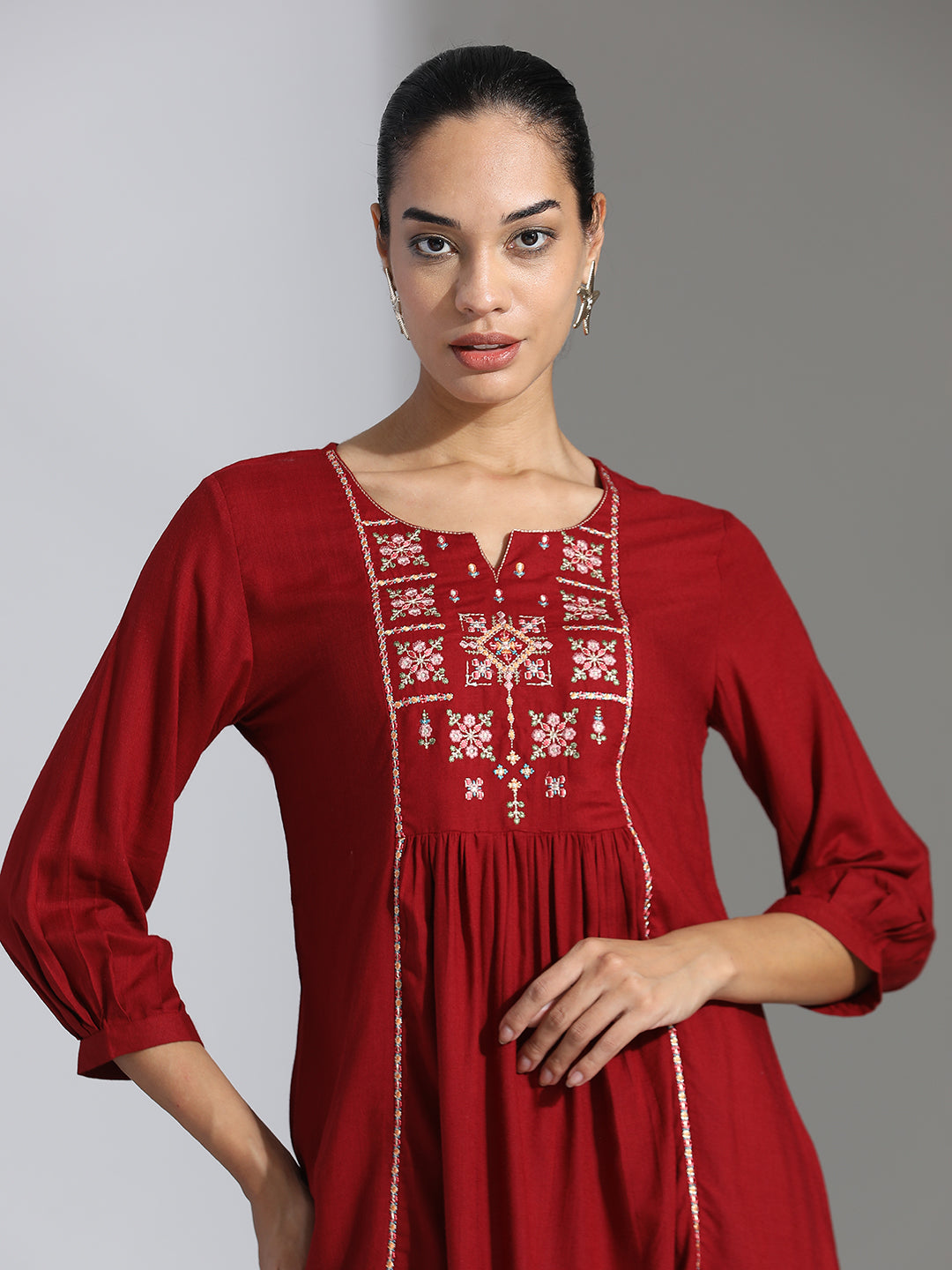 Maroon Embroidered Rayon Gathered Top