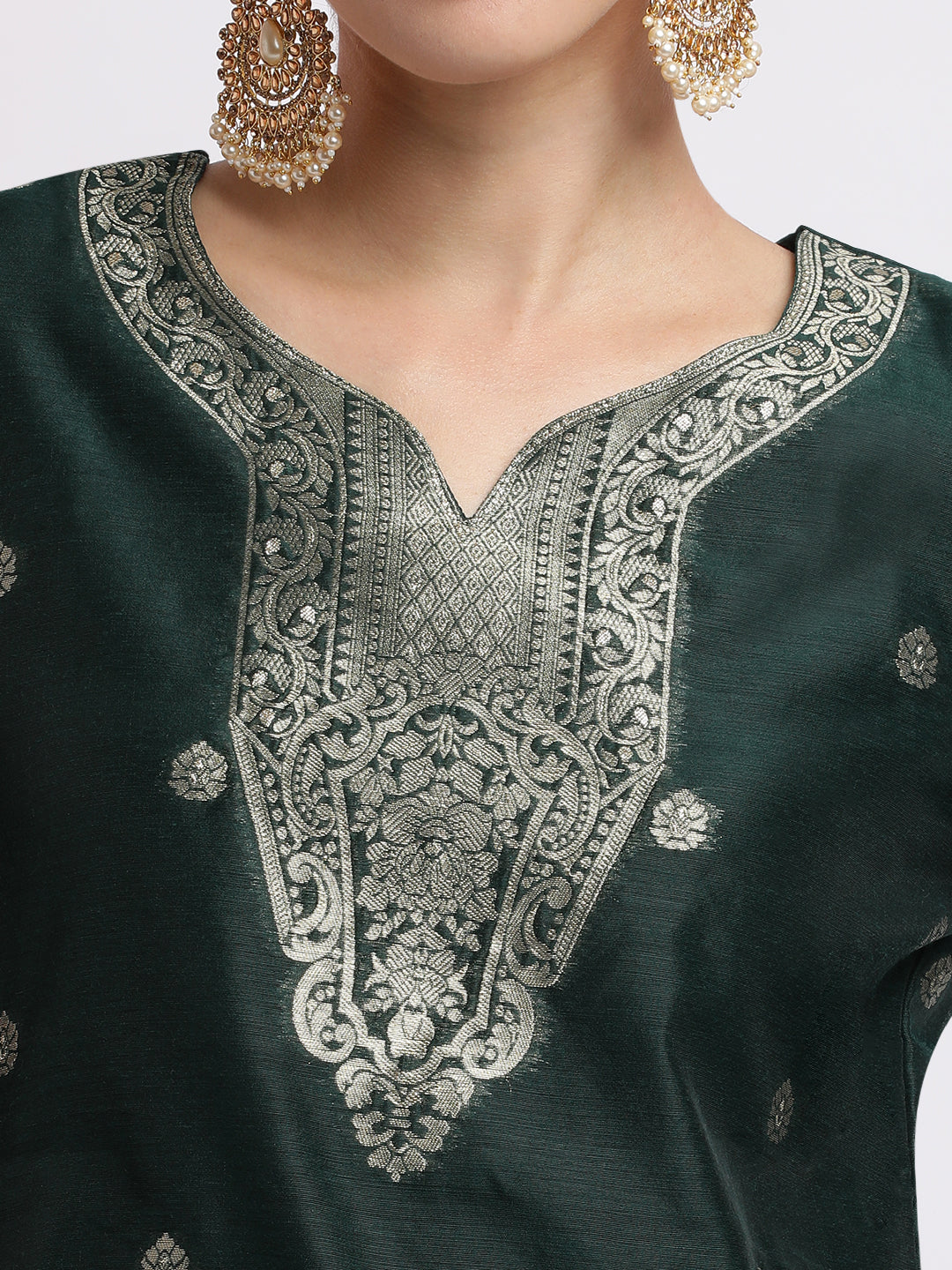 Green Woven Design Jacquard Kurta Set With Dupatta