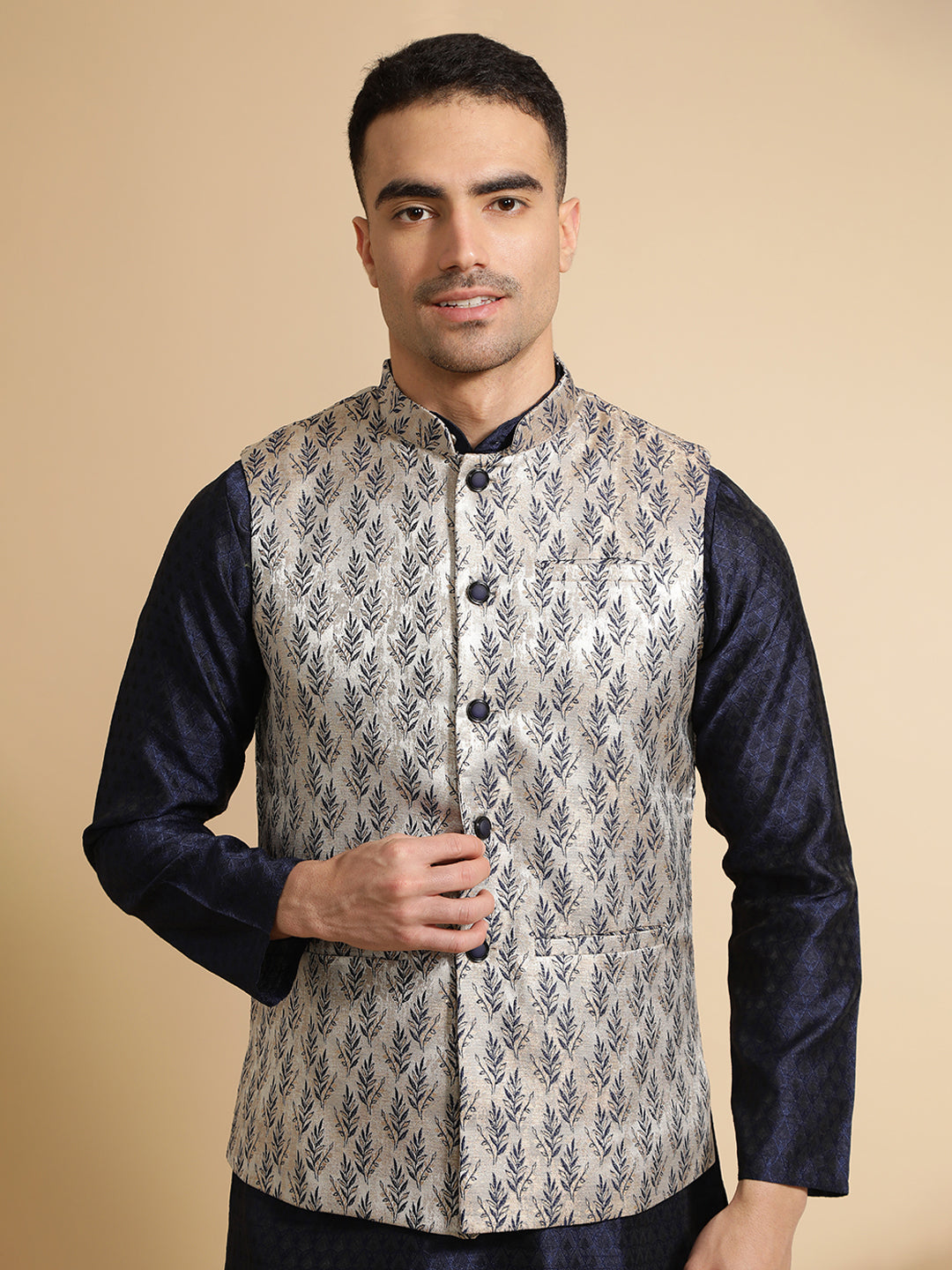 Festive Kurta With Printed Nehru Jacket Set