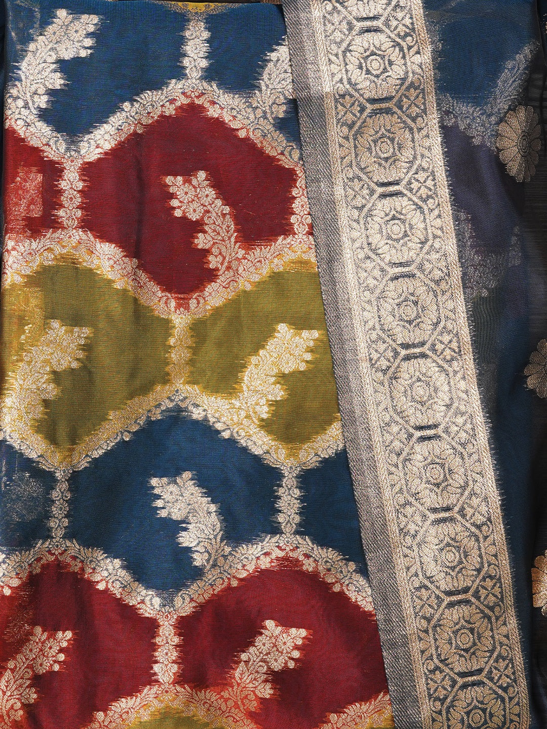 Teal Unstitched Zari Woven Organza Dress Material With Dupatta