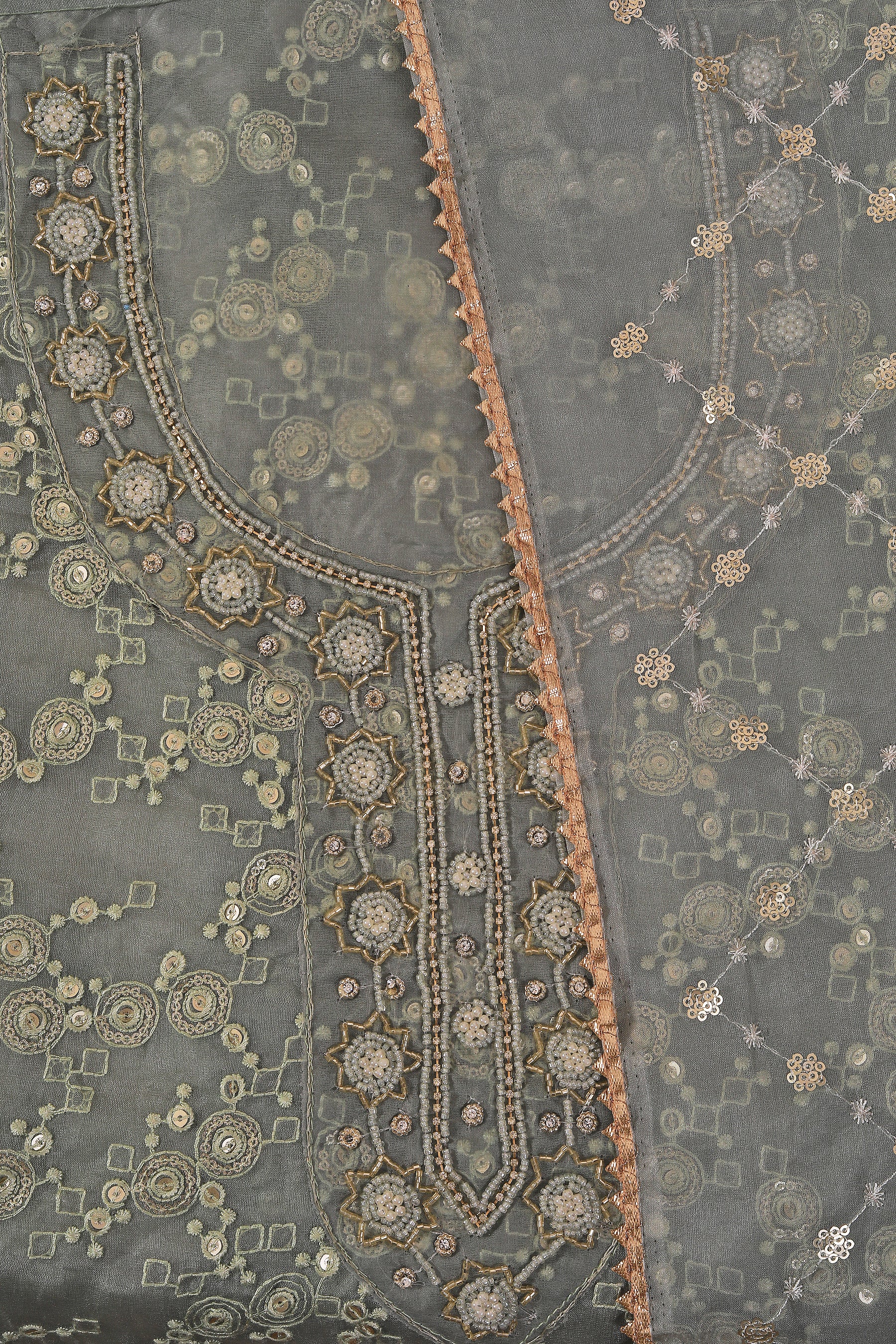 Green Embellished Ethnic Motif Printed Organza Dress Material With Dupatta