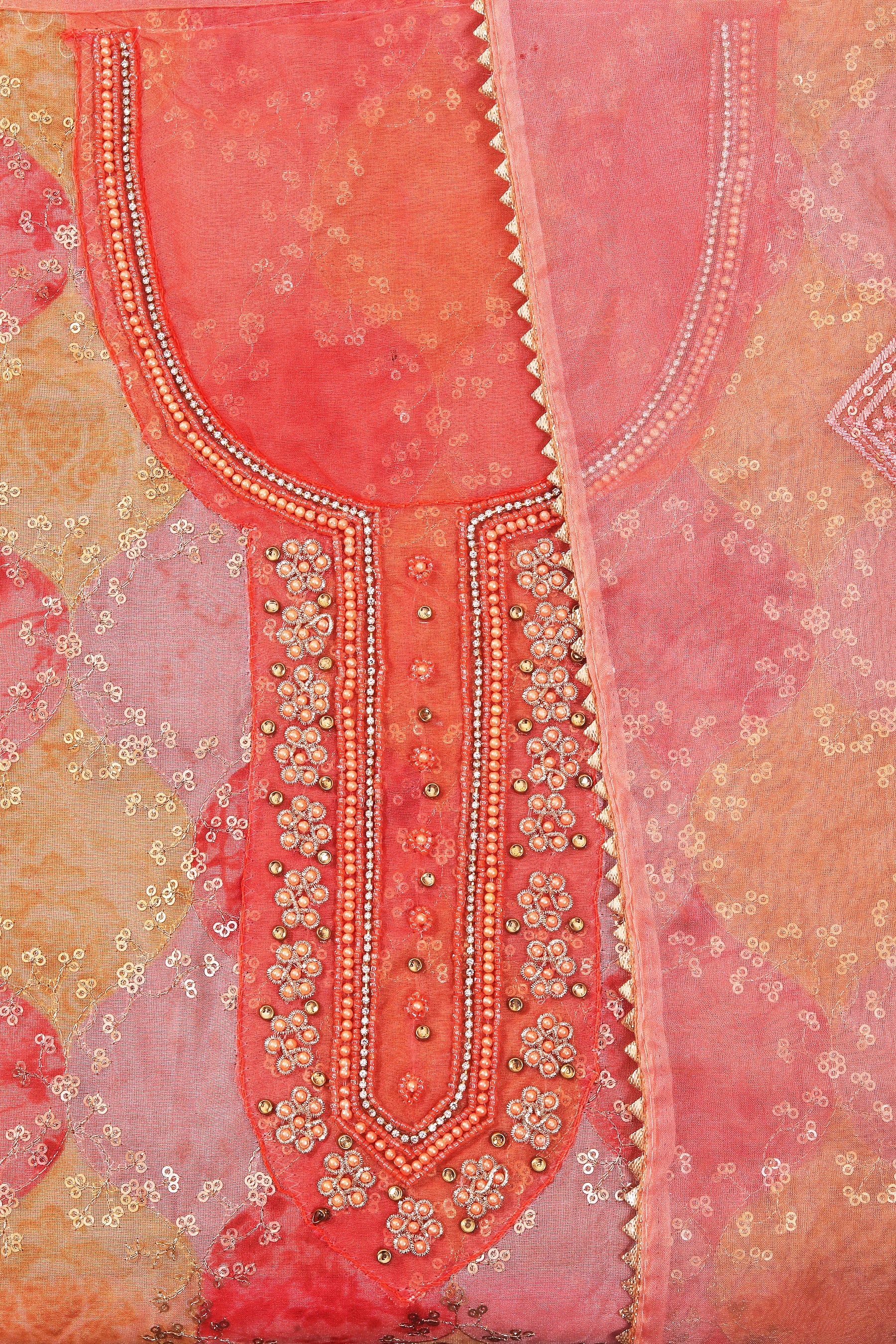 Orange Sequinned Organza Dress Material With Embellished Dupatta