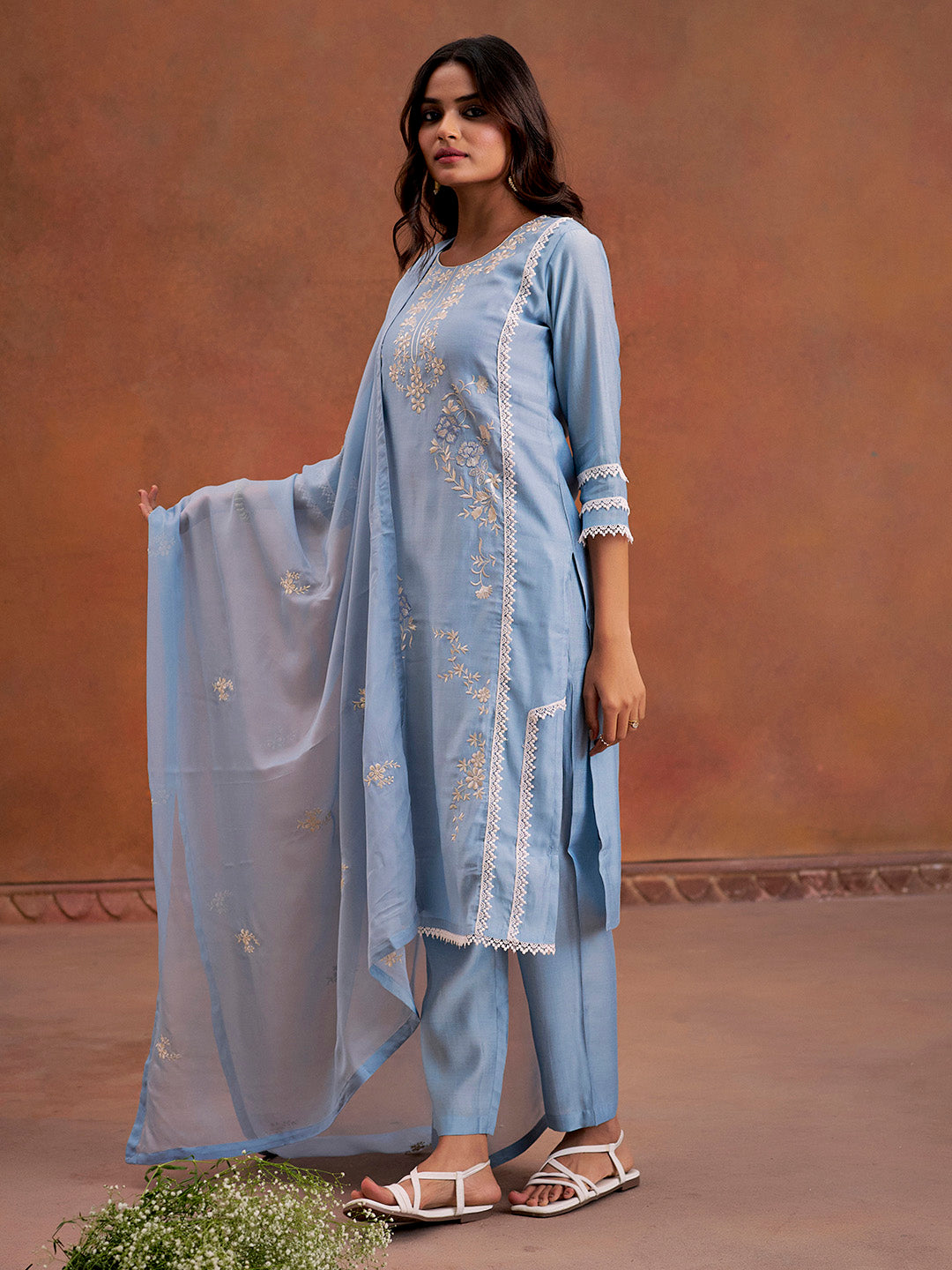Blue Festive Embroidered Kurta Set With Dupatta