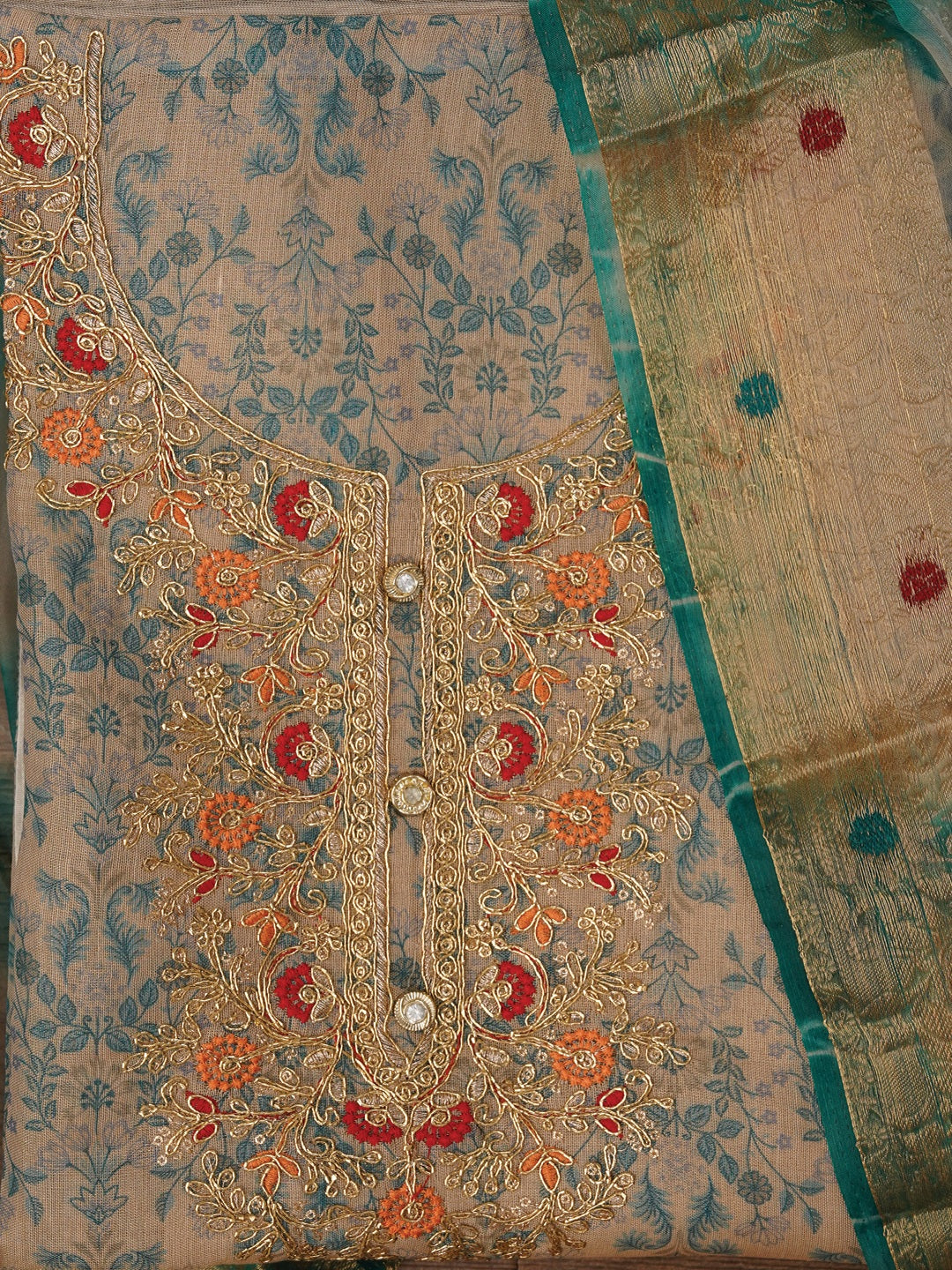 Green Embellished Organza Dress Material with Dupatta