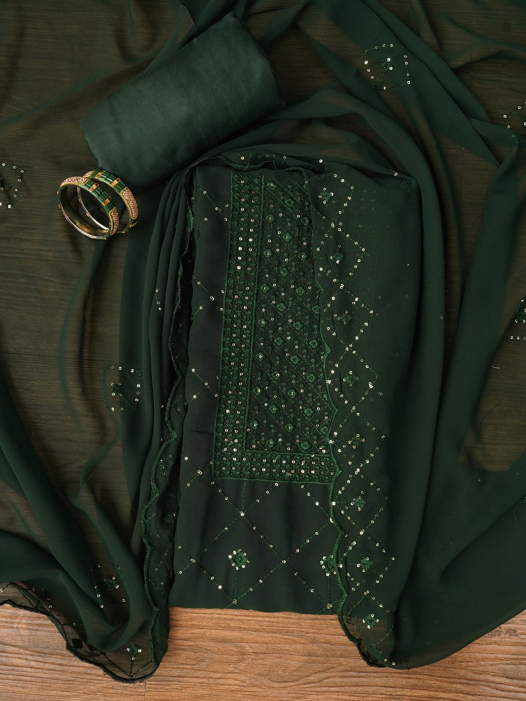 Green Embroidered Silk Georgette Dress Material with Dupatta