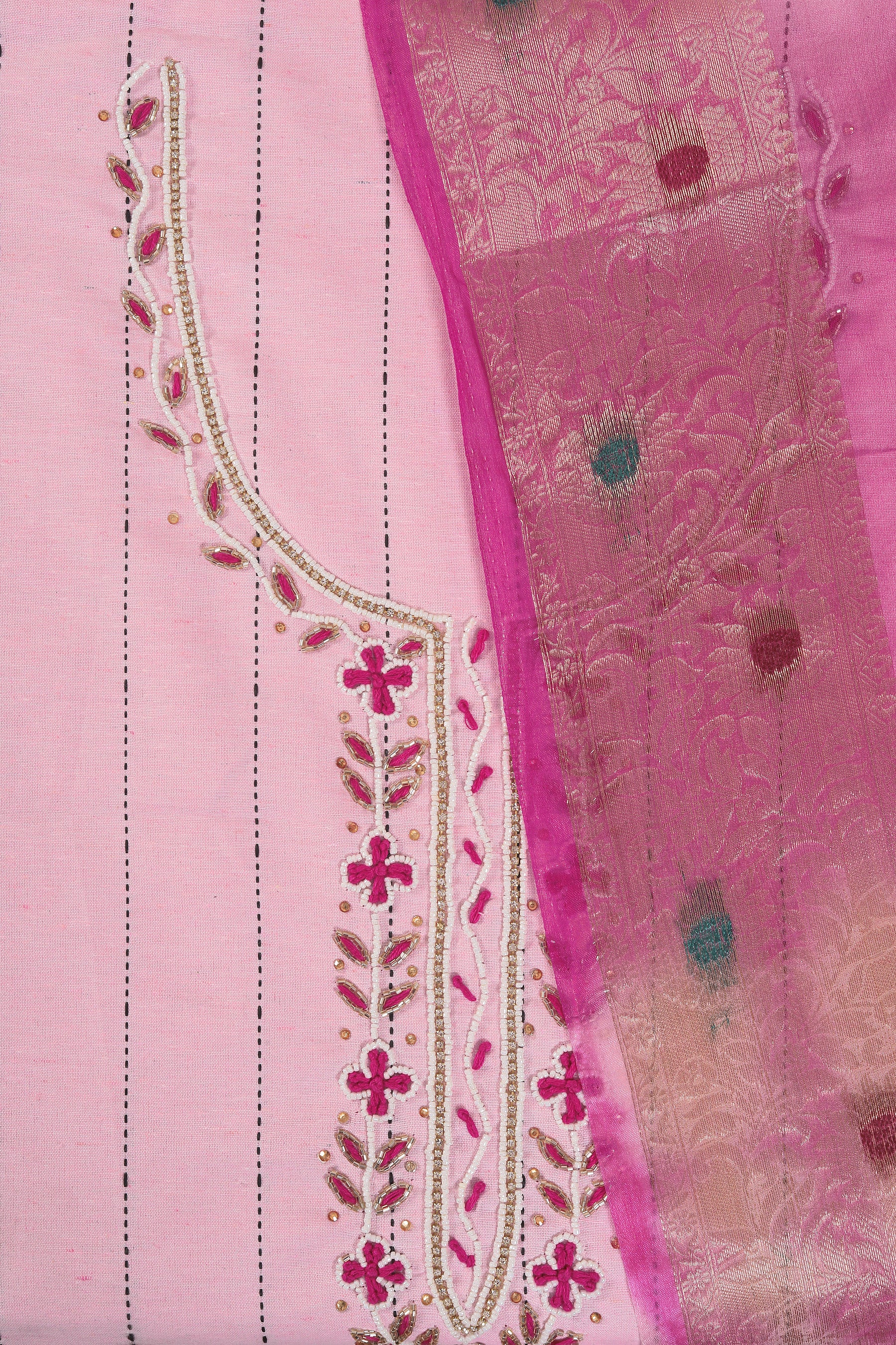 Cotton Blend Embellished Dress Material with Dupatta