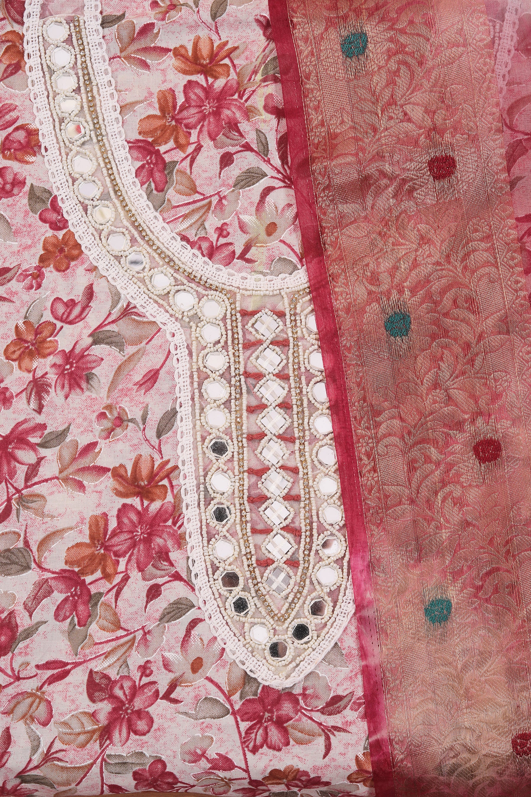 Rani Embellished Cotton Blend Dress Material with Dupatta