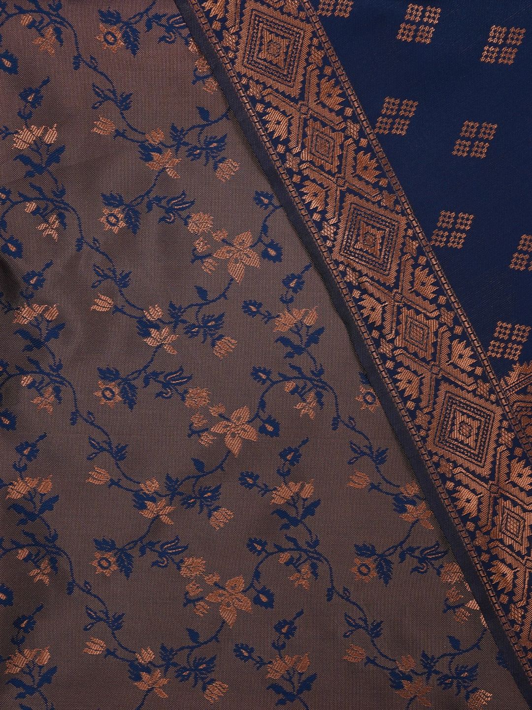Floral Silk Zari Woven Navy Blue Dress Material with Dupatta