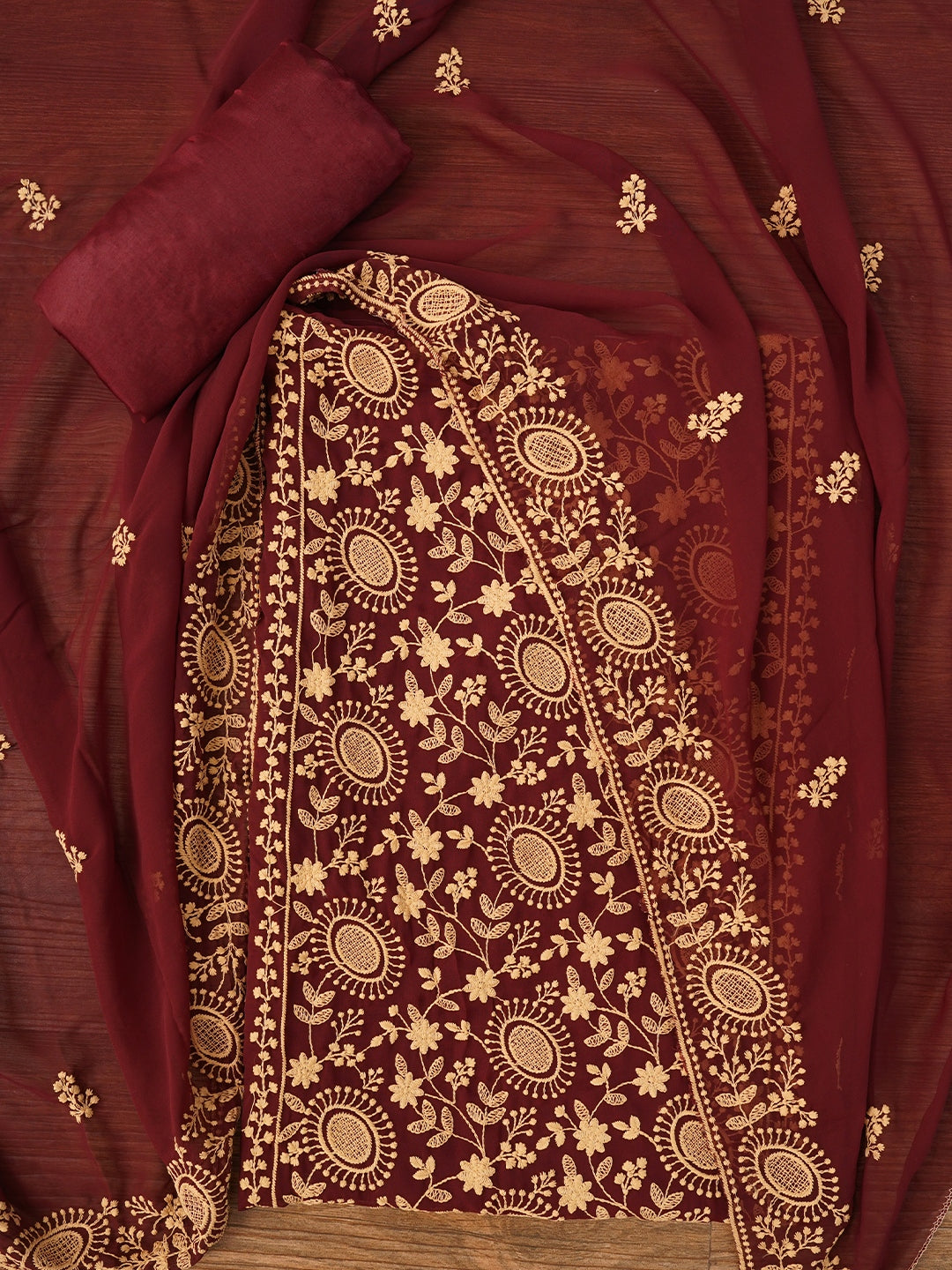 Maroon Sequin Embroidered Silk Georgette Dress Material with Dupatta