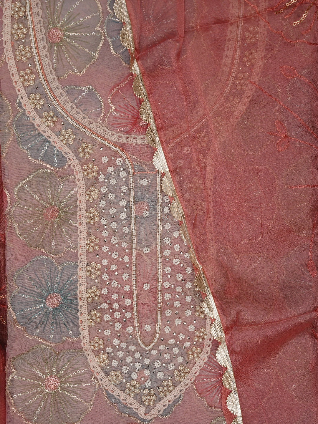 Peach Floral Sequin Embroidered Organza Dress Material with Dupatta