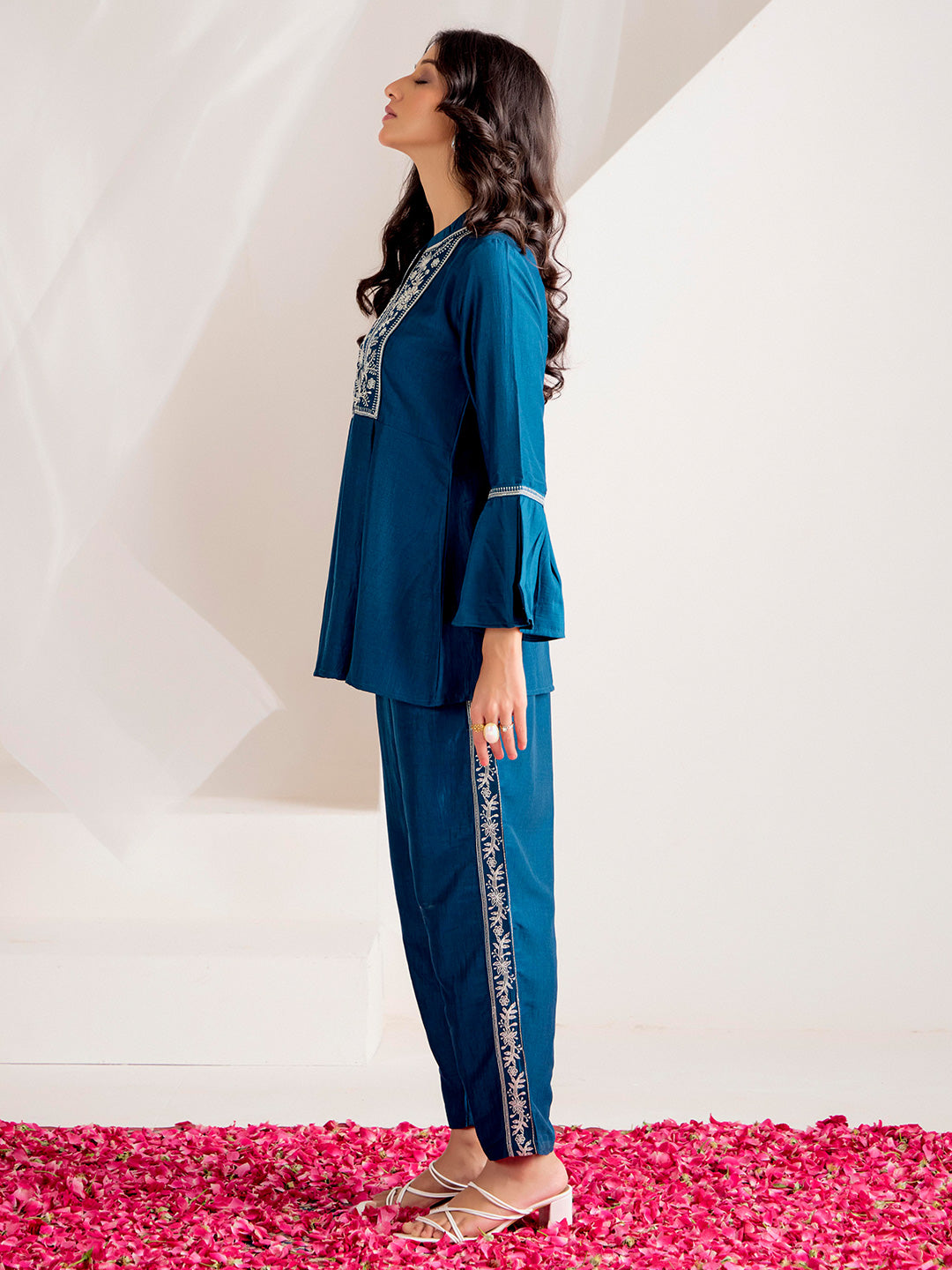 Teal Chinon Floral Embroidered Top With Trousers Co-ord Set