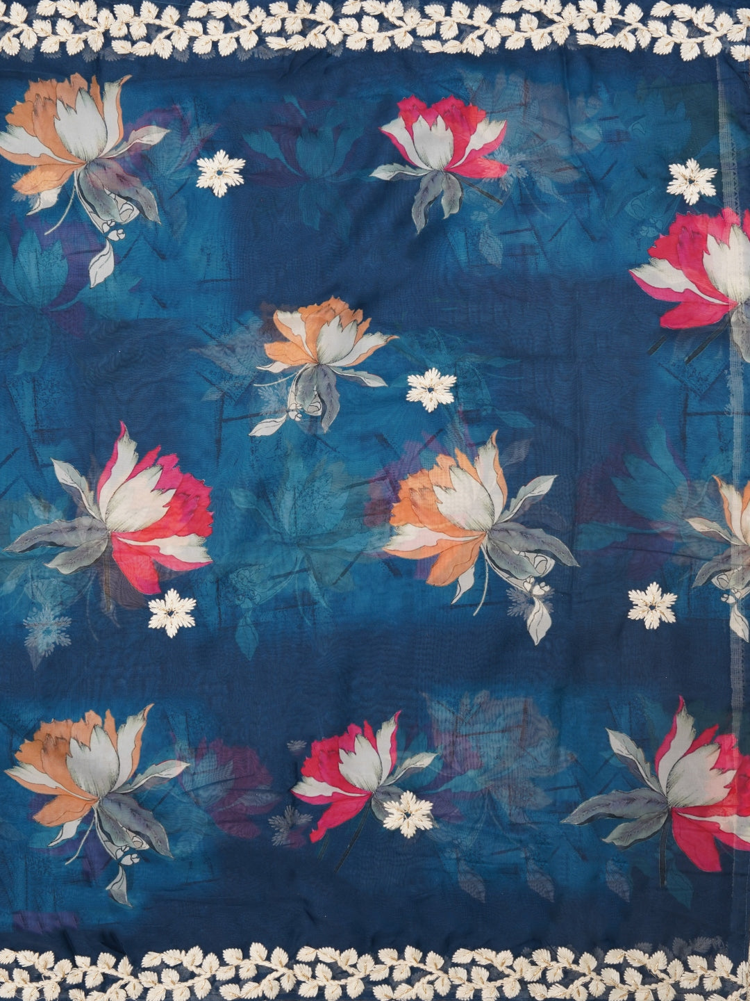 Navy Blue Lucknowi Embroidered Organza Dress Material with Dupatta