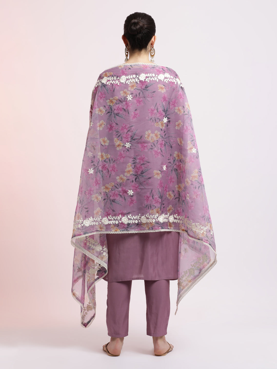 Floral Embroidered Festive Purple Kurta Set With Dupatta