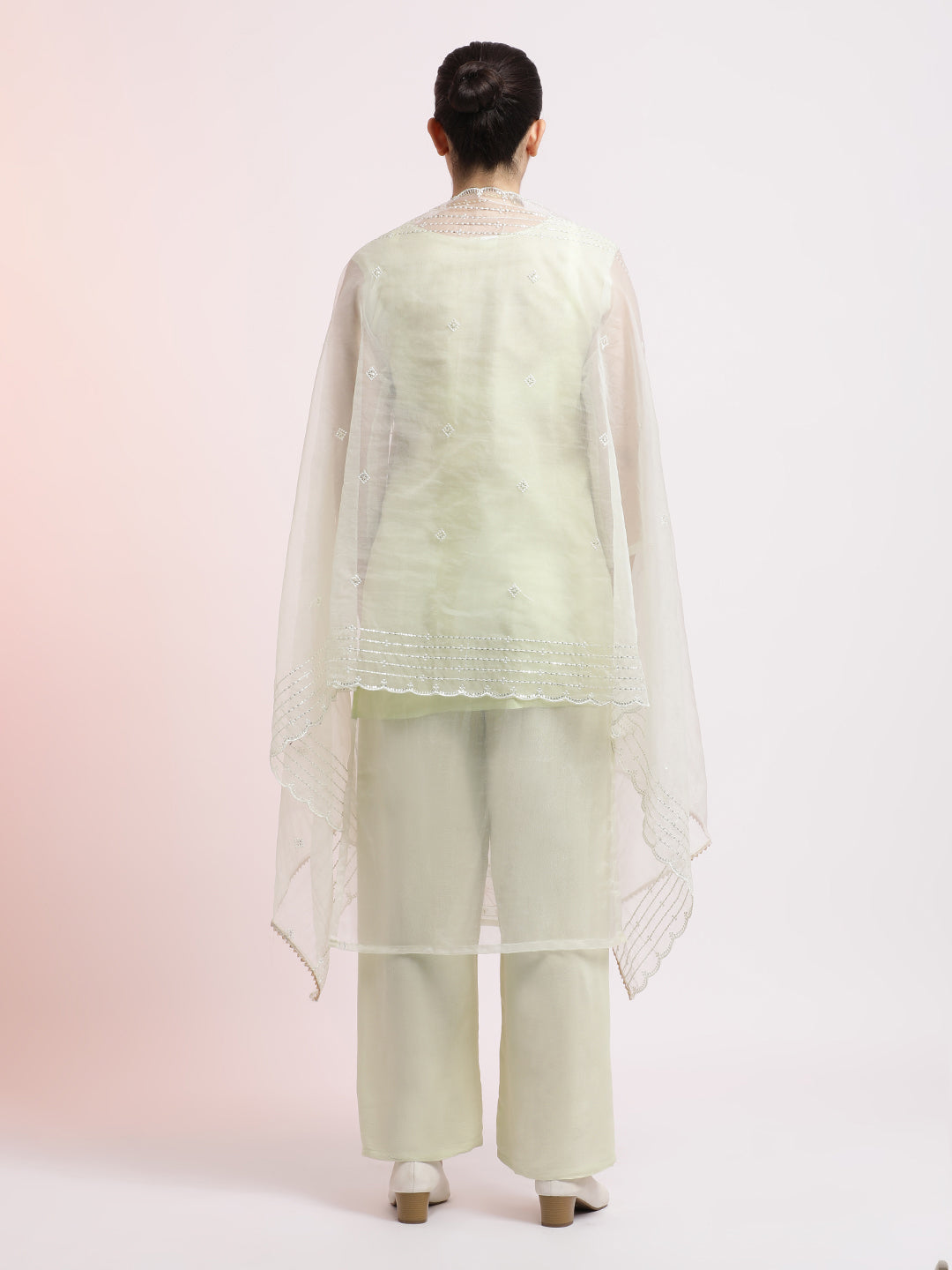 Pista Green Floral Embellished Organza Festive Kurta Set With Dupatta