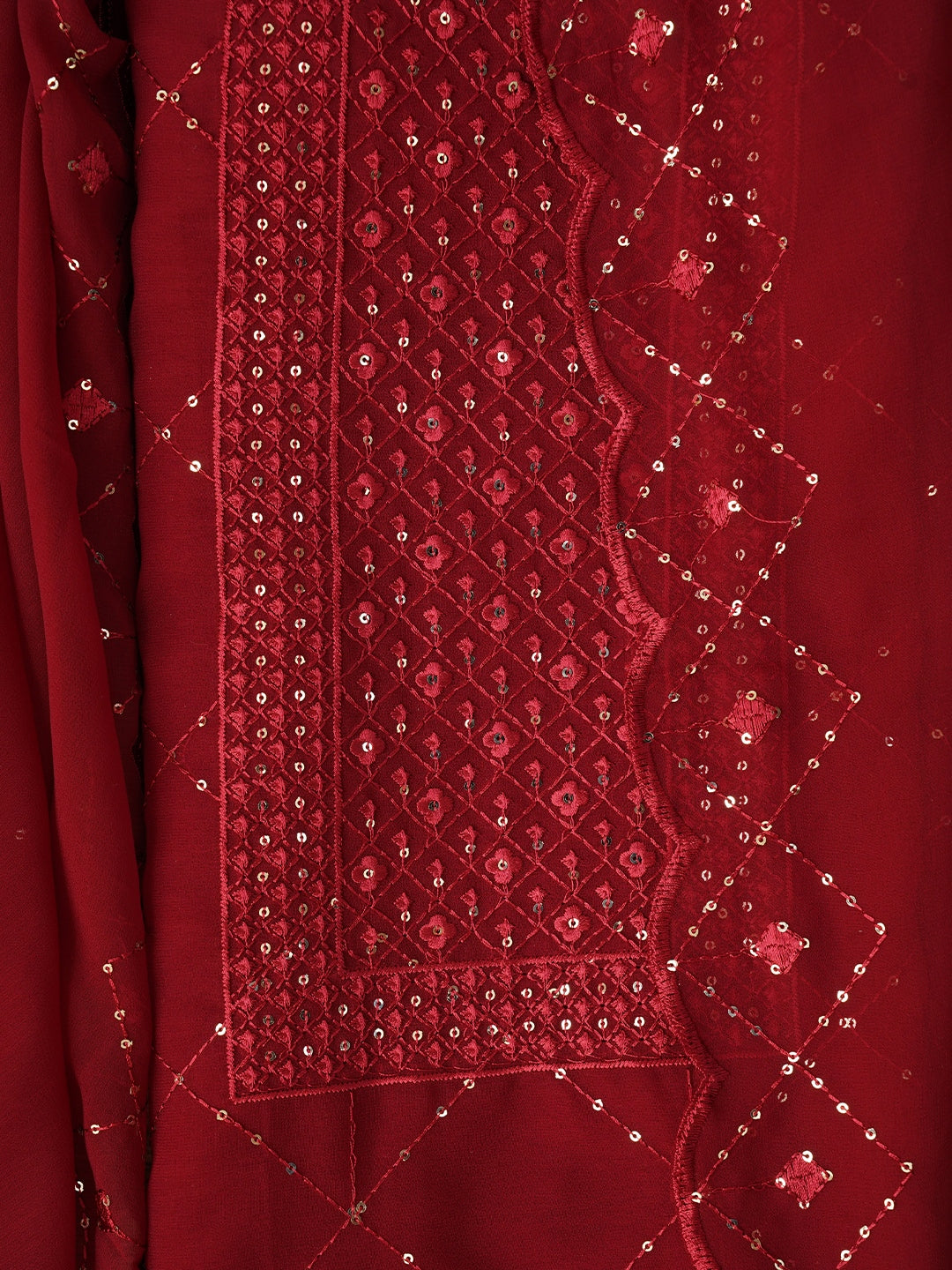 Maroon Embroidered Silk Georgette Dress Material with Dupatta