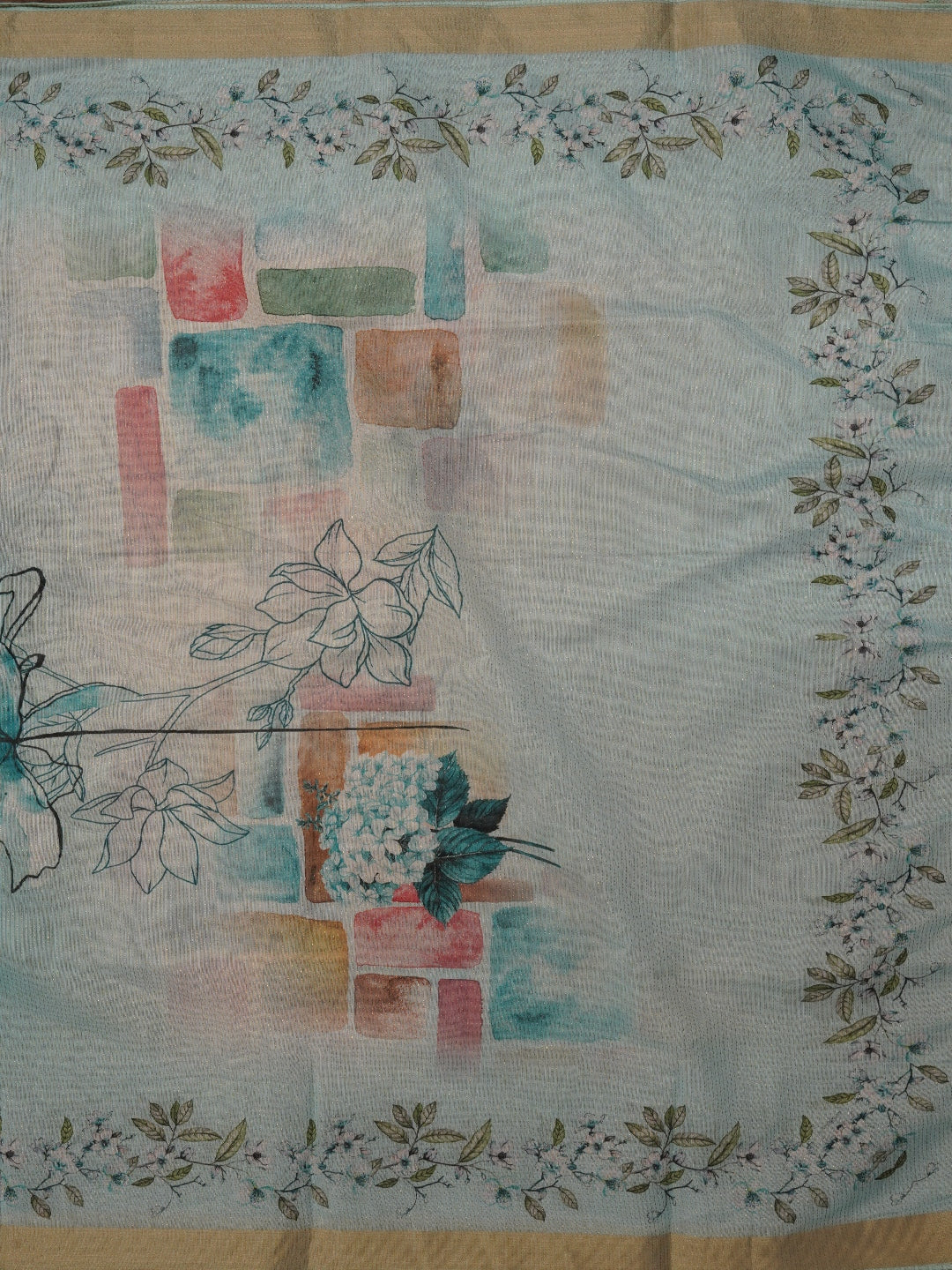 Sea Green Printed Embellished Cotton Dress Material with Dupatta