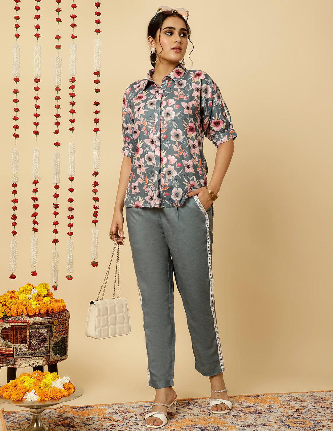 Grey Floral Print Shirt With Pants Co-ord Sets