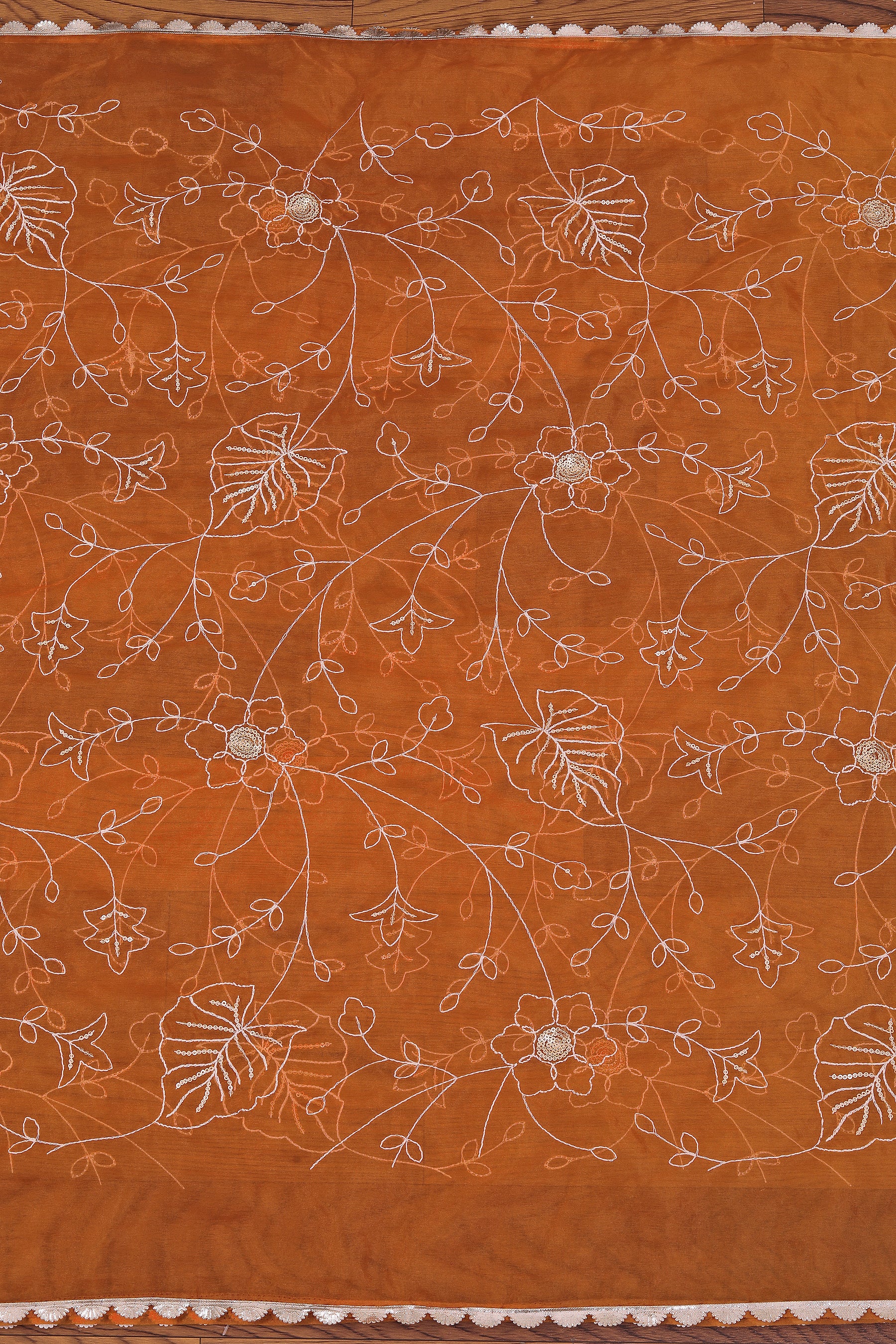 Light Orange Embellished Ethnic Motif Printed Organza Dress Material With Dupatta