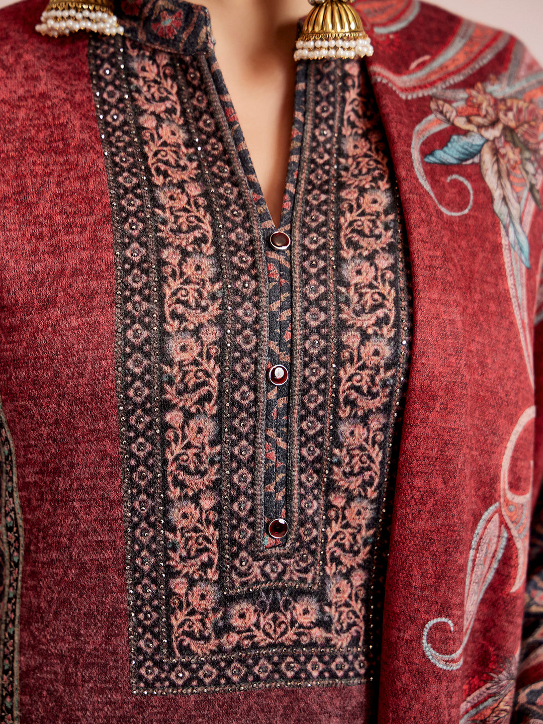 Rust Woolen Floral Printed Kurta Set With Dupatta