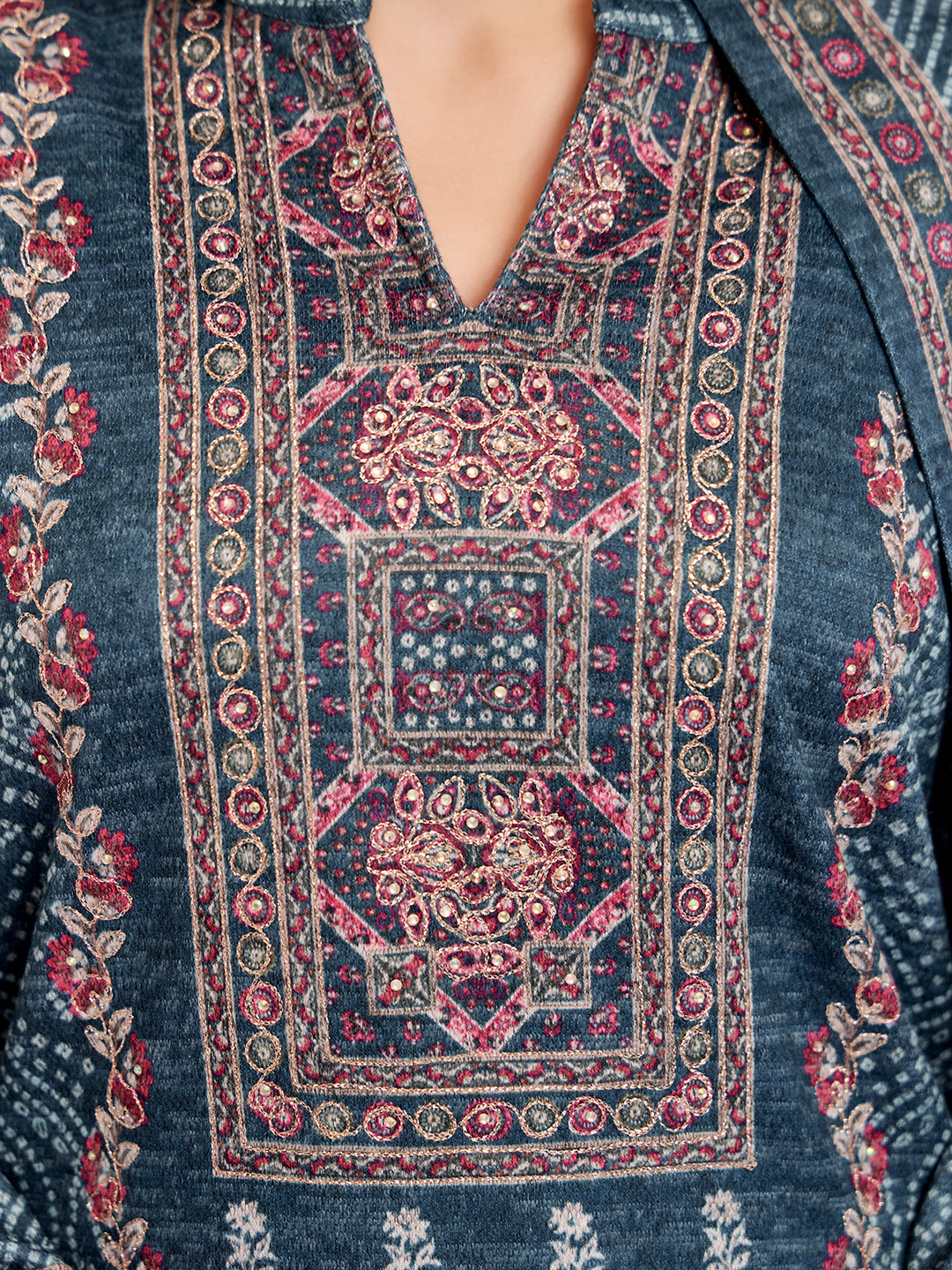 Sea Green Woolen Floral Printed Kurta Set With Dupatta