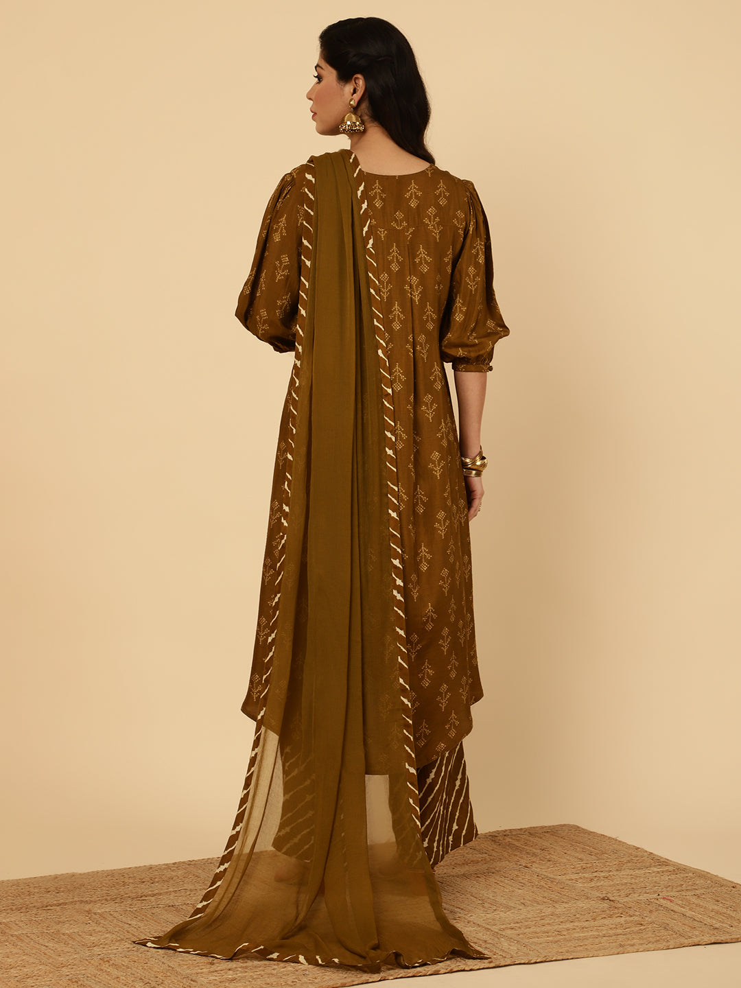Brown Dola Silk Pleated Bandhani Kurta With Palazzo And Dupatta