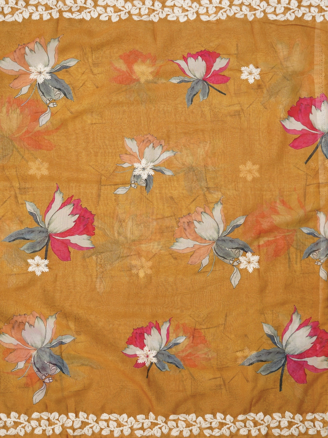 Mustard Lucknowi Embroidered Organza Dress Material with Dupatta