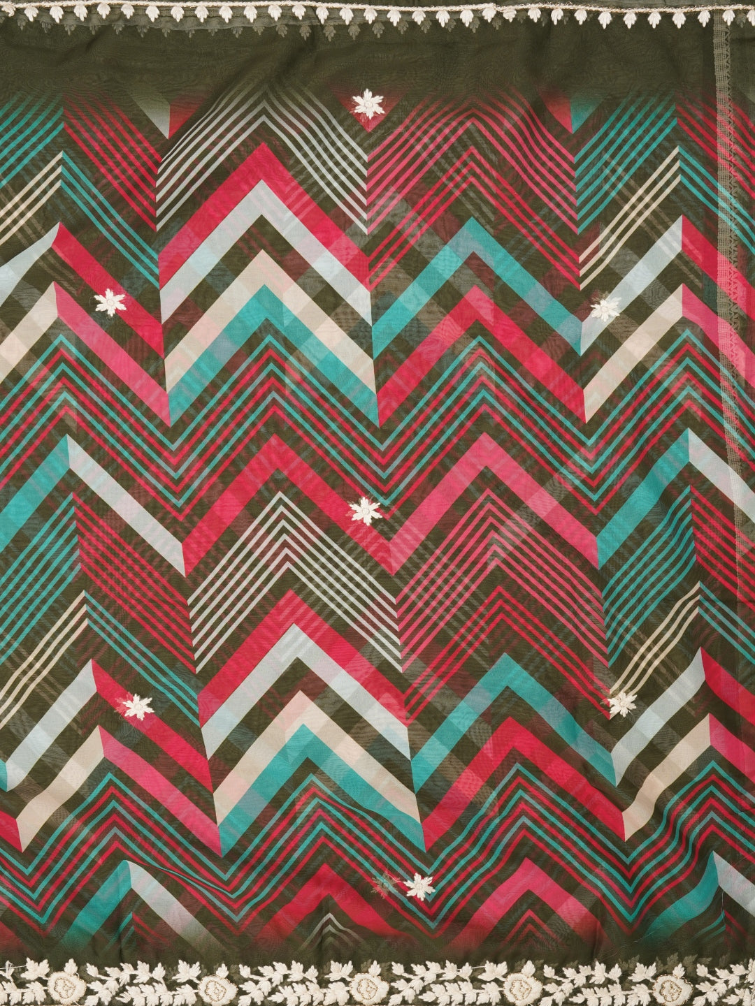 Olive Green Lucknowi Embroidered Organza Dress Material with Dupatta