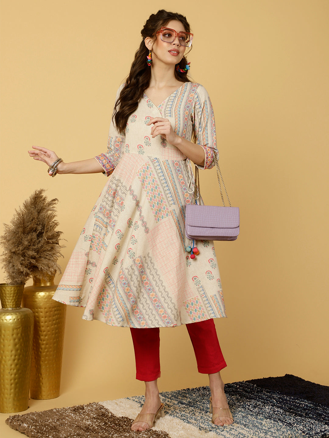 Abstract Printed Mirror Work Angrakha Kurta