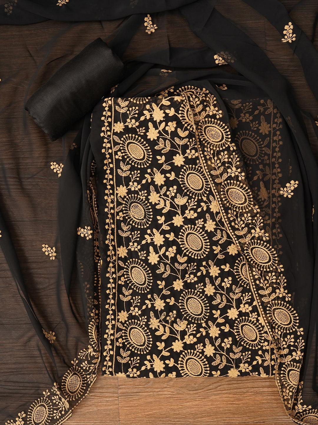 Black Sequin Embroidered Silk Georgette Dress Material with Dupatta