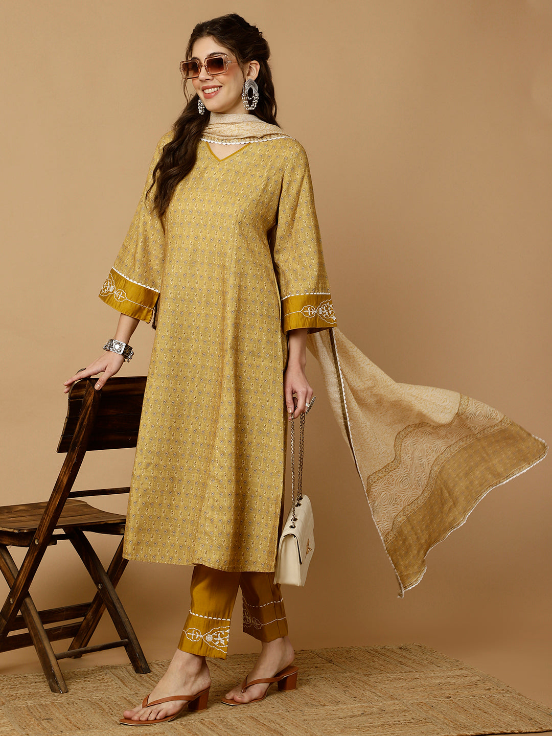 MUSTARD EMBROIDERED PAKISTANI KURTA WITH PANTS AND DUPATTA