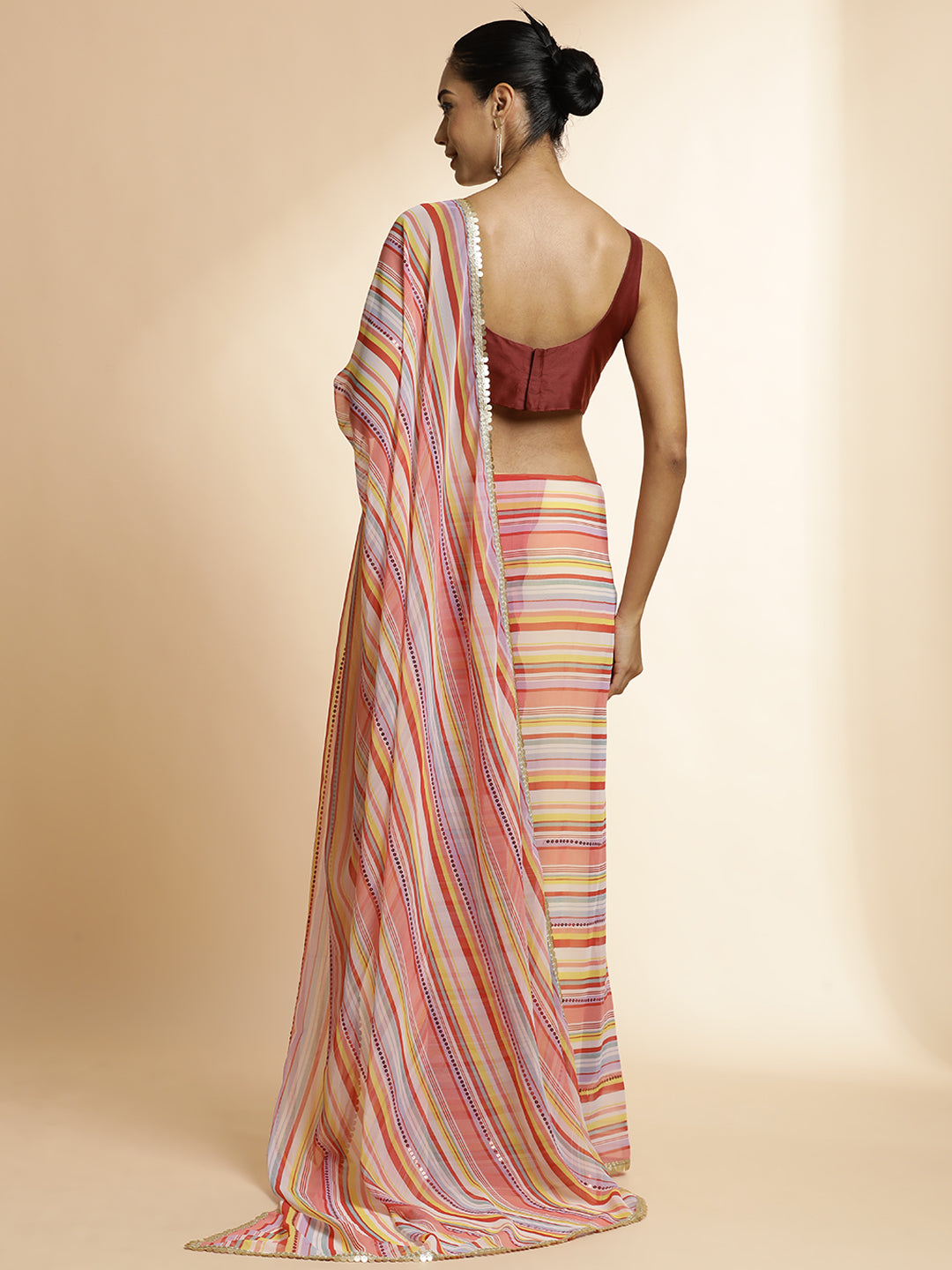 Red Striped Sequin Embellished Festive Multicolor Saree