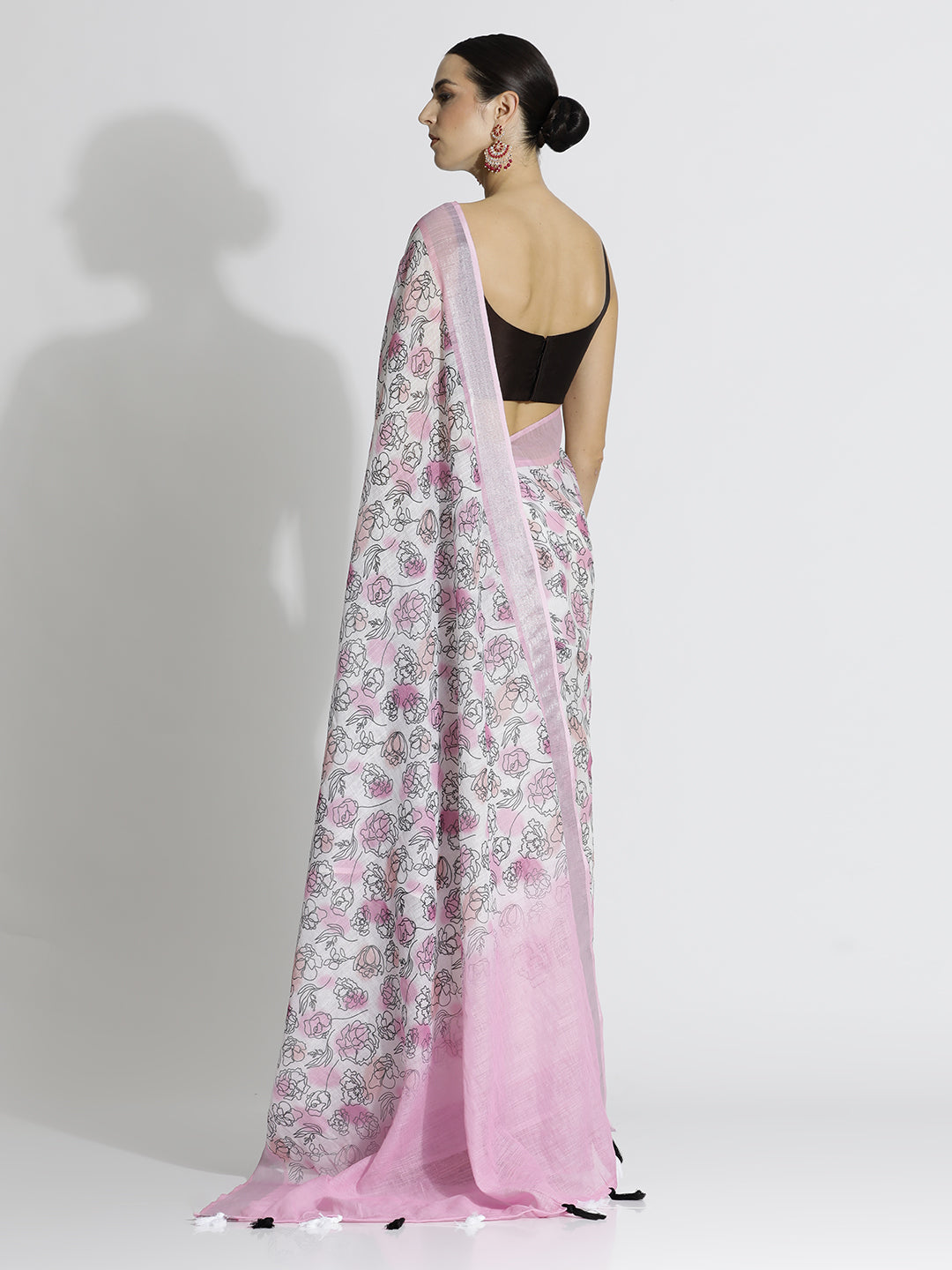 Floral Printed Daily Wear White Pure Linen Saree