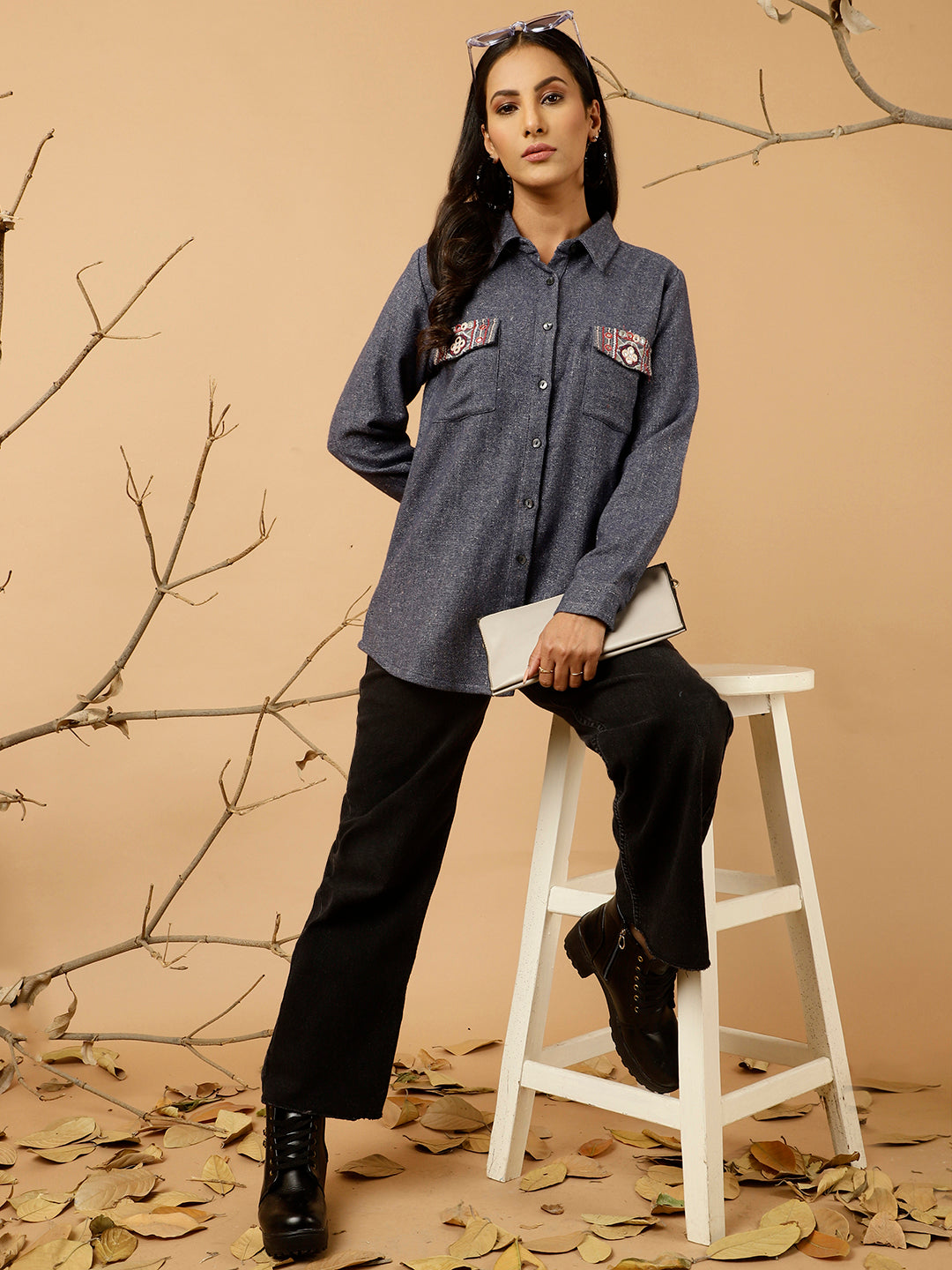 Navy Blue Embroidered Woolen Shirt