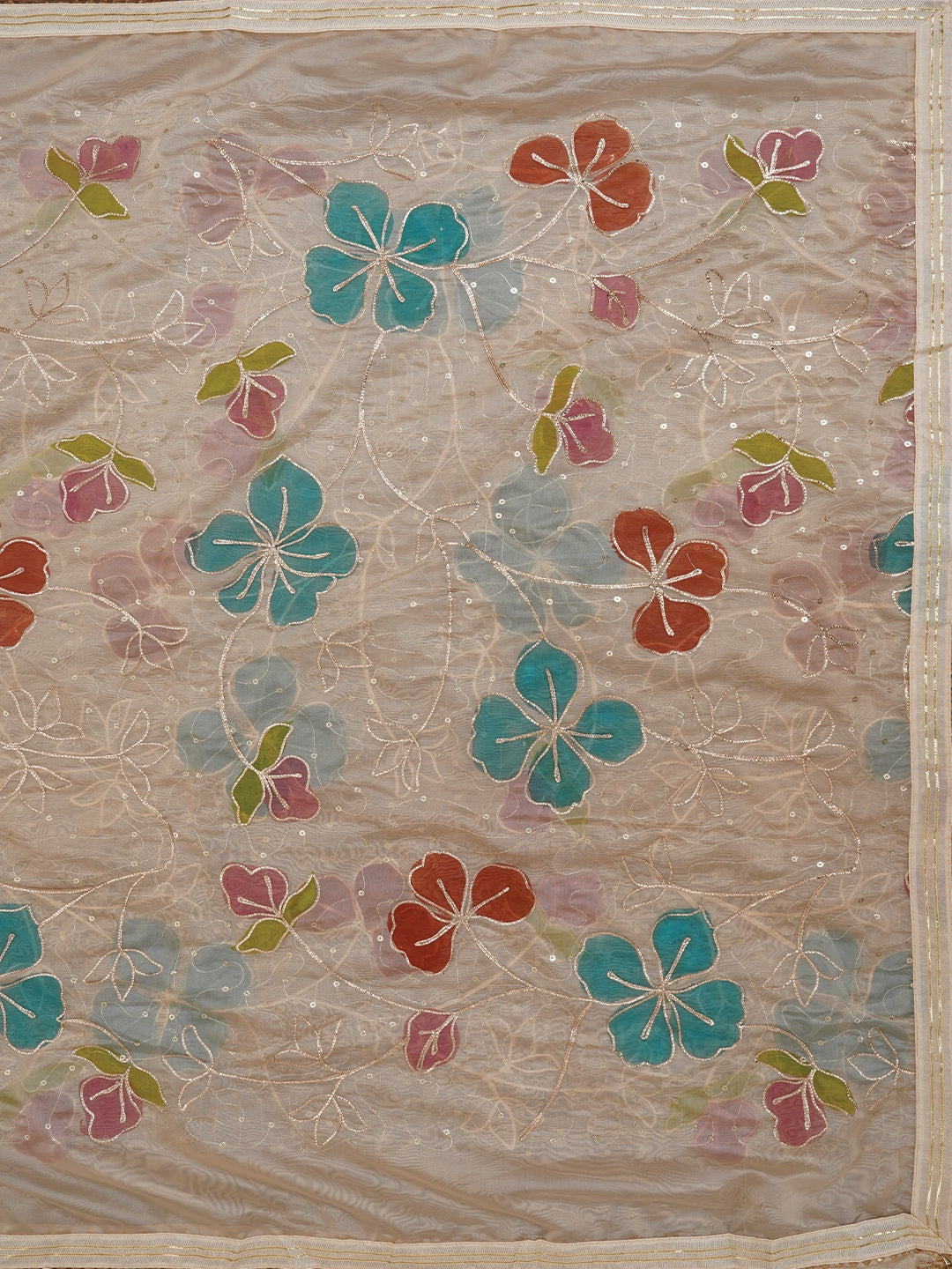 Teal Floral Printed Embroidered Pure Silk Dress Material with Dupatta