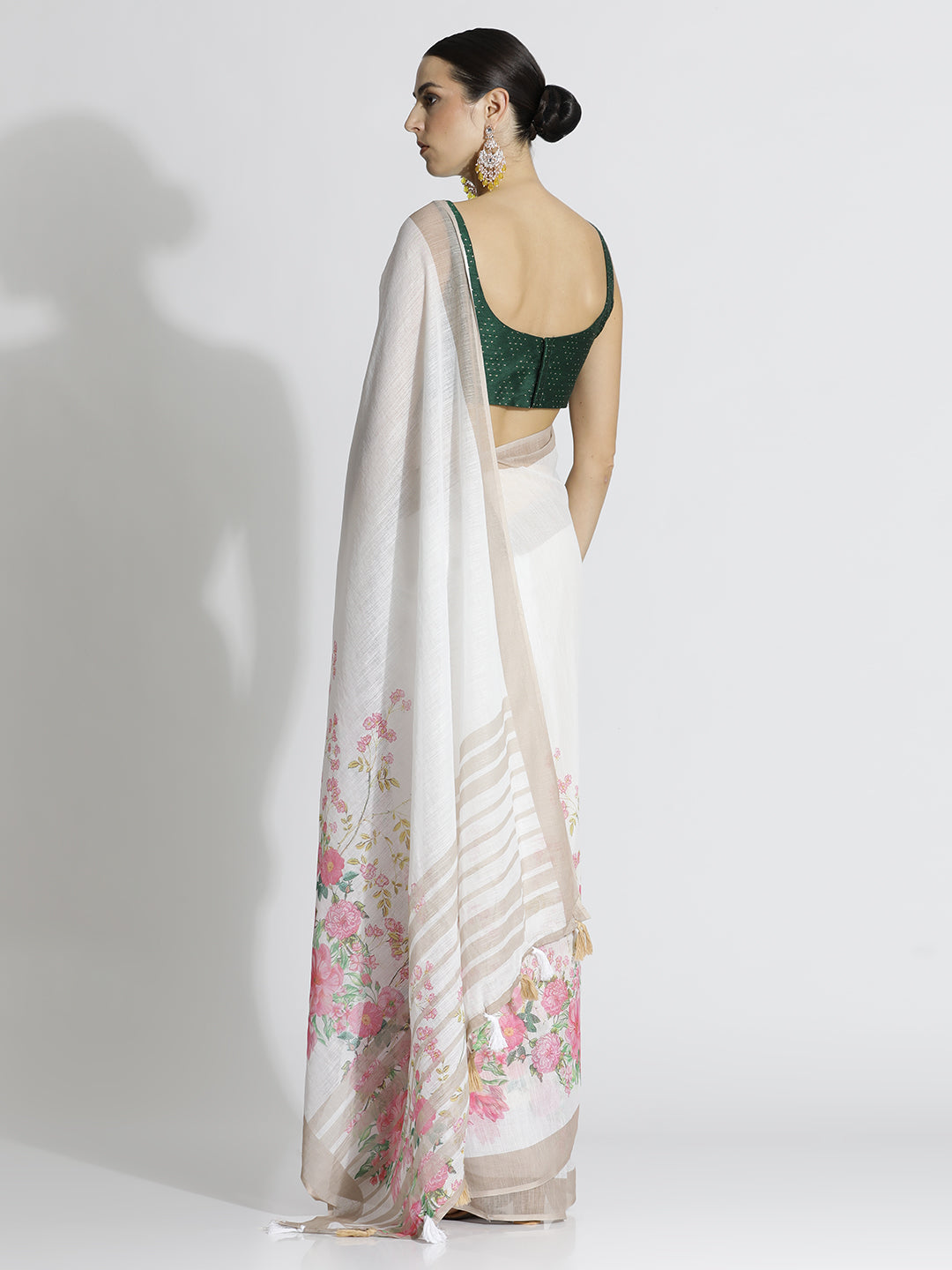 Floral Printed Daily Wear Pure Linen White Saree