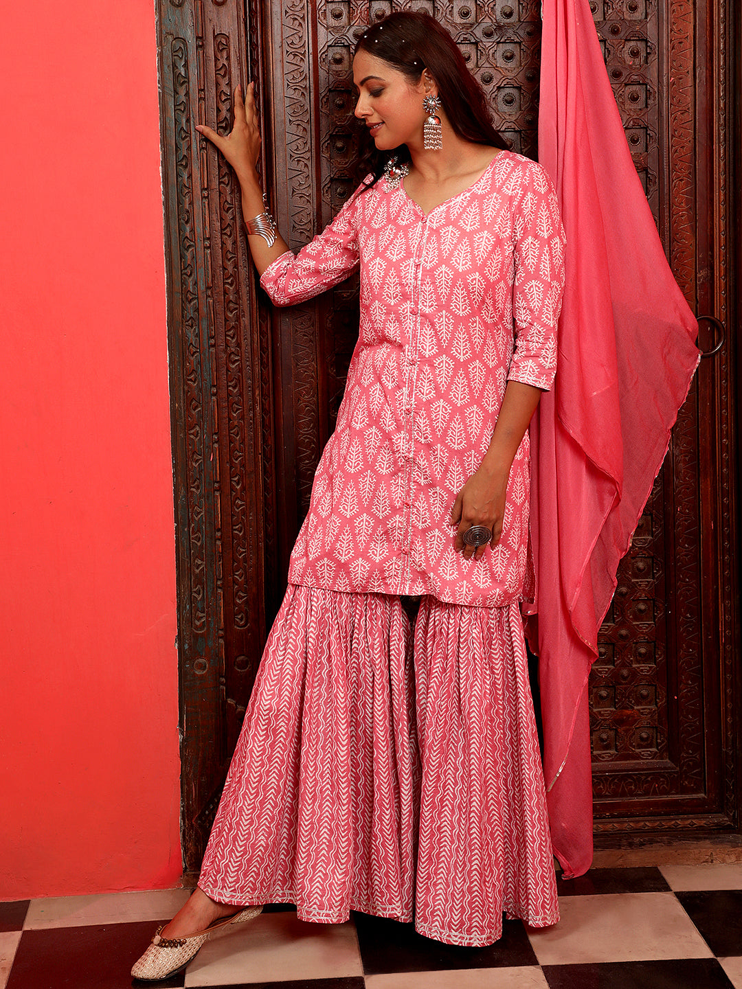 Pink Ethnic Printed Straight Kurta With Sharara And Chiffon Dupatta