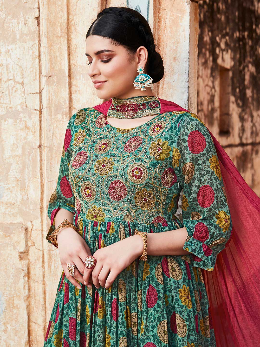 Blue Floral Printed Short Kurta With Sharara And Pleated Dupatta