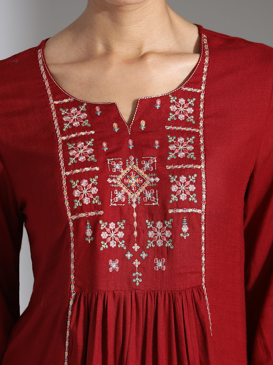 Maroon Embroidered Rayon Gathered Top