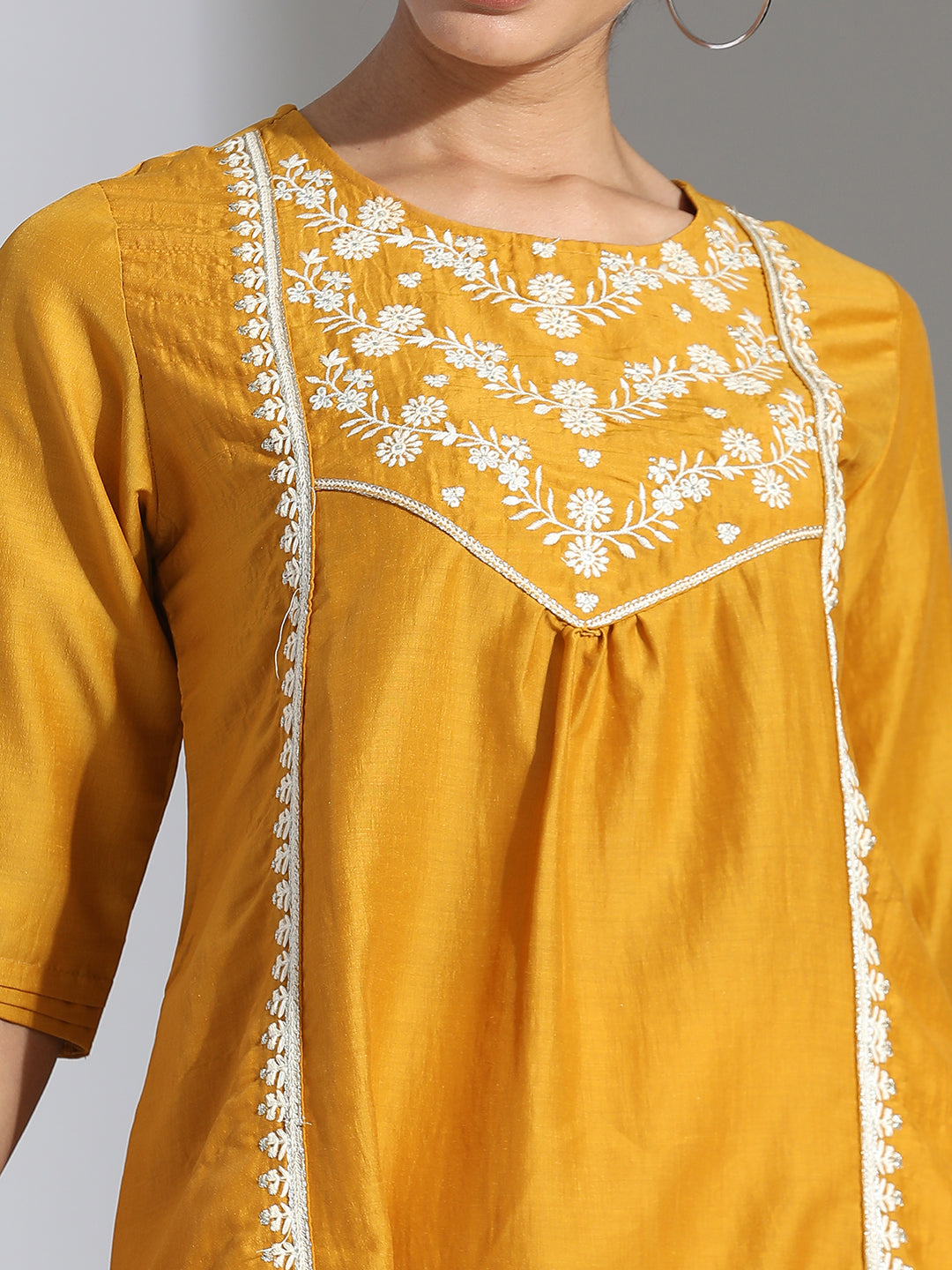 Mustard Embroidered Party Wear Gathered Top