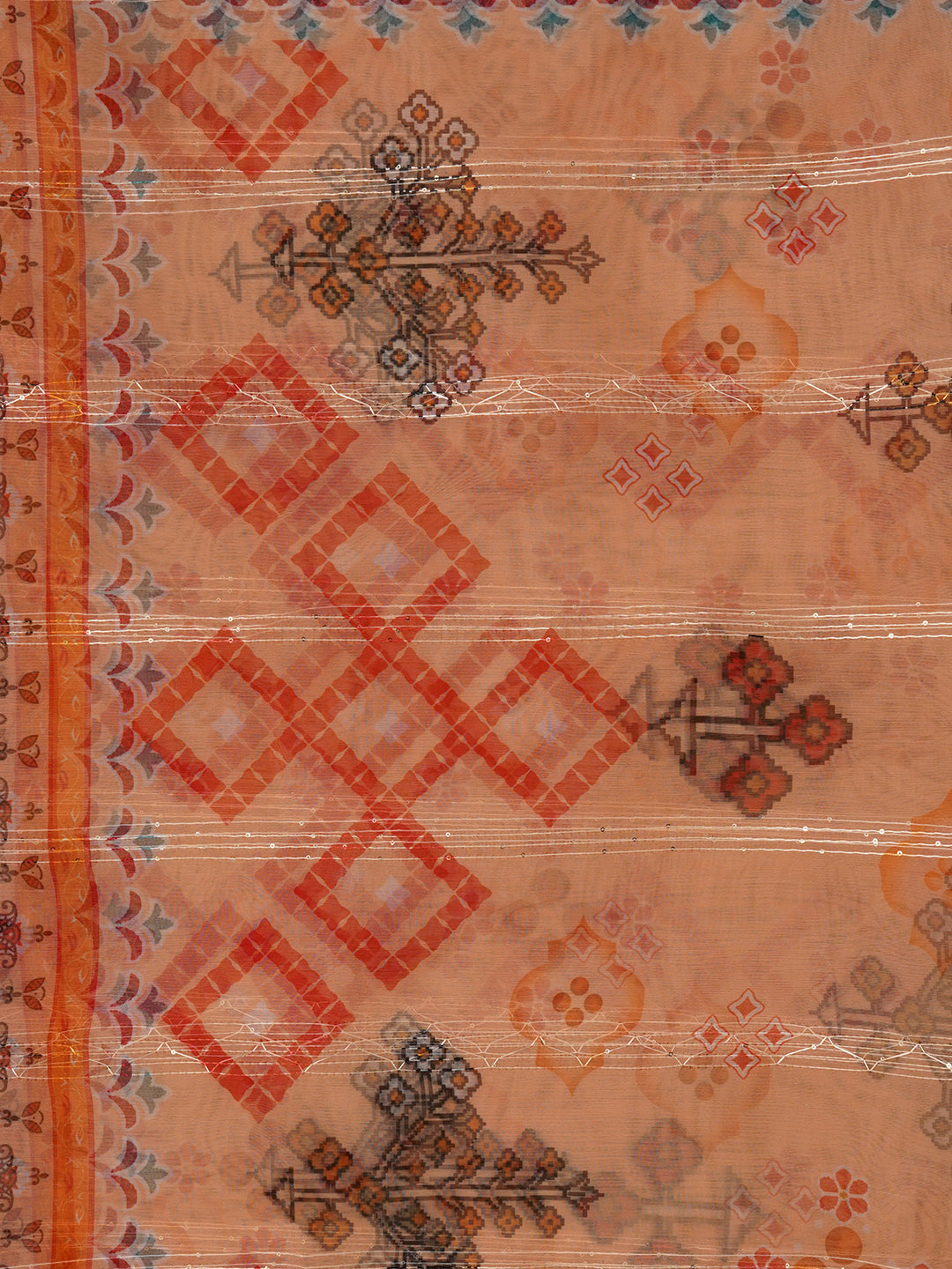 Unstitched Embroidered Organza Orange Dress Material With Dupatta