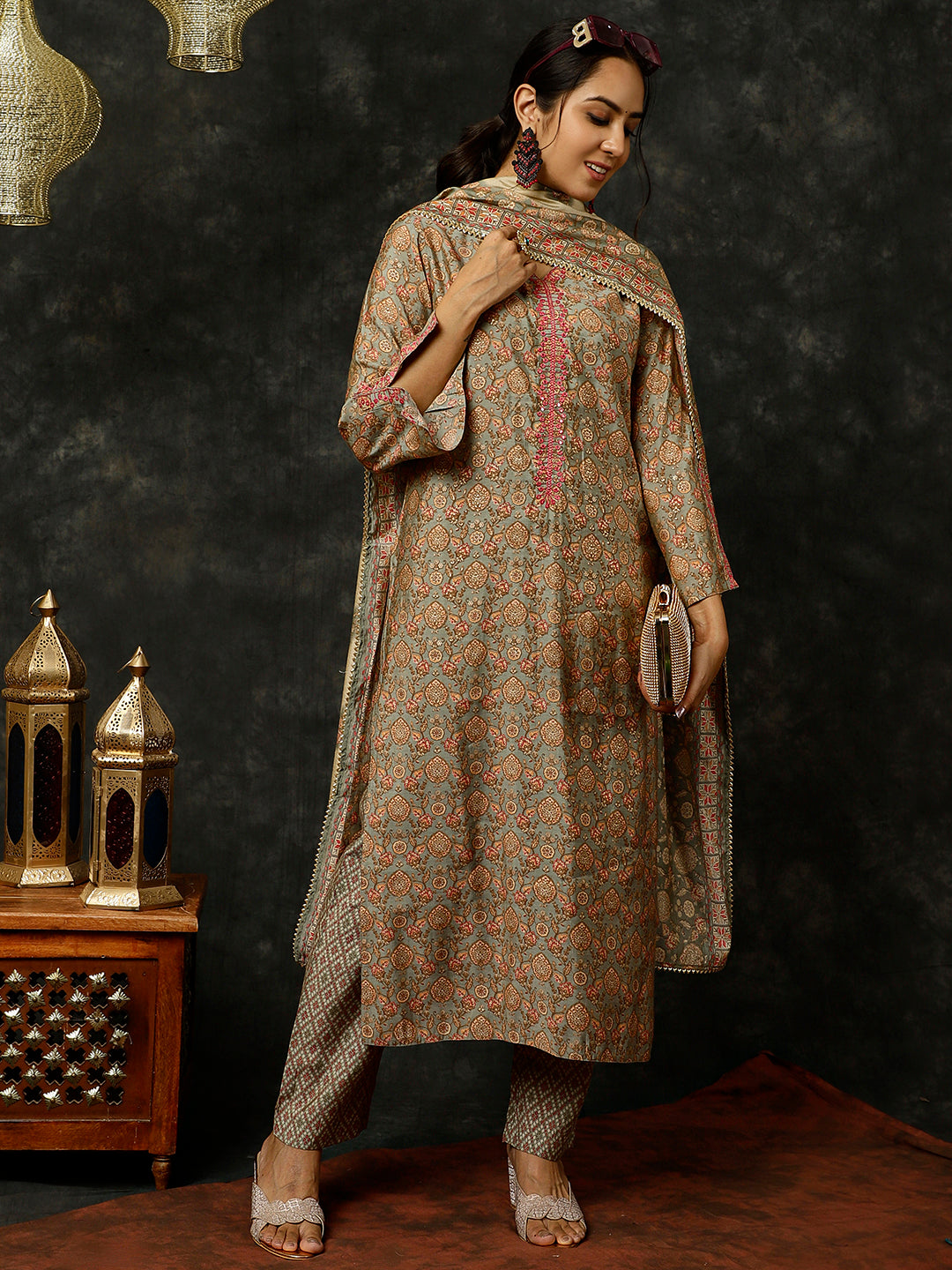 Grey Foil Printed Kurta With Pants And Dupatta