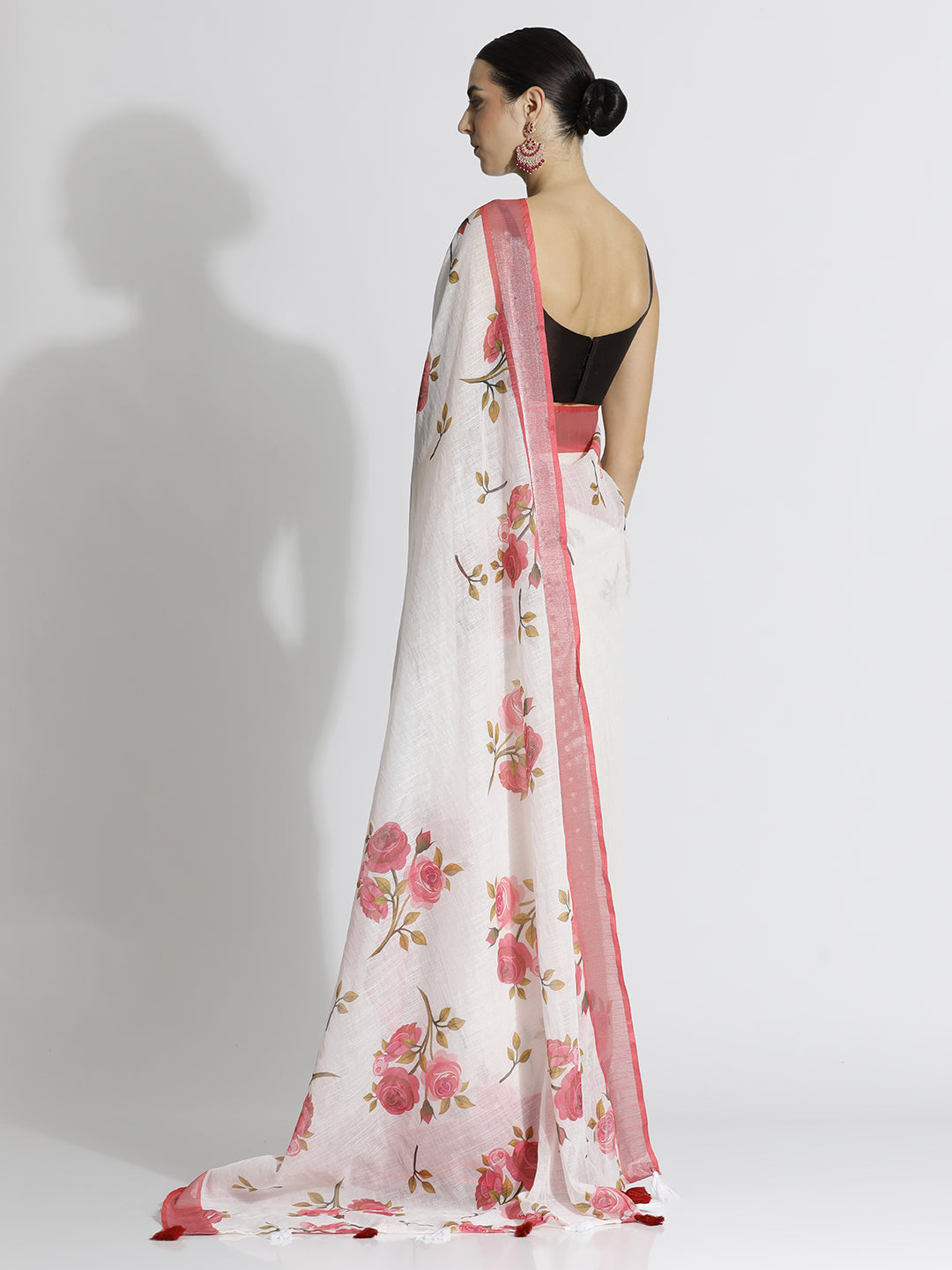 White Floral Printed Daily Wear Pure Linen Saree